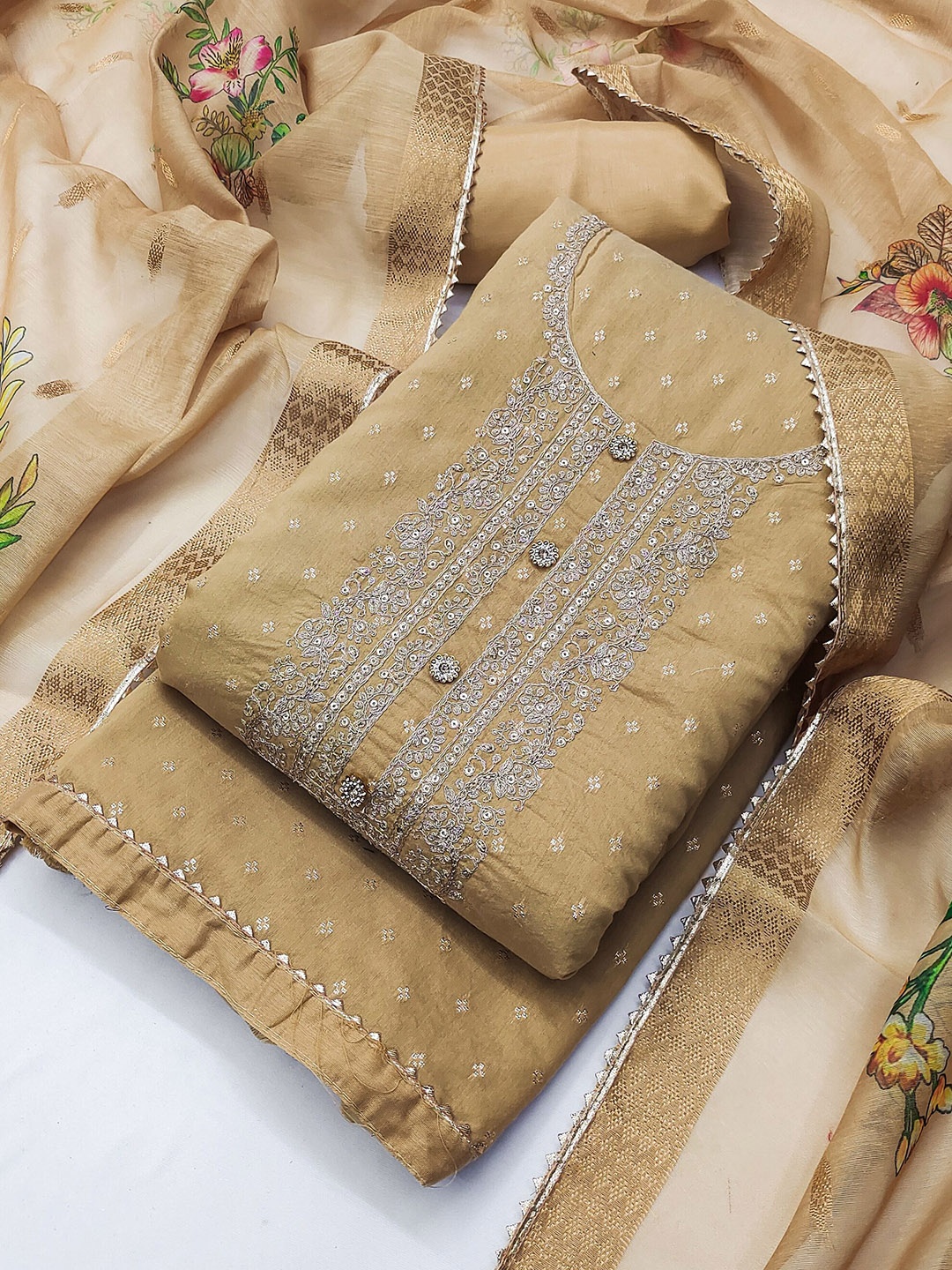 

TAVAS Ethnic Motifs Embroidered Chanderi Silk Unstitched Dress Material, Beige