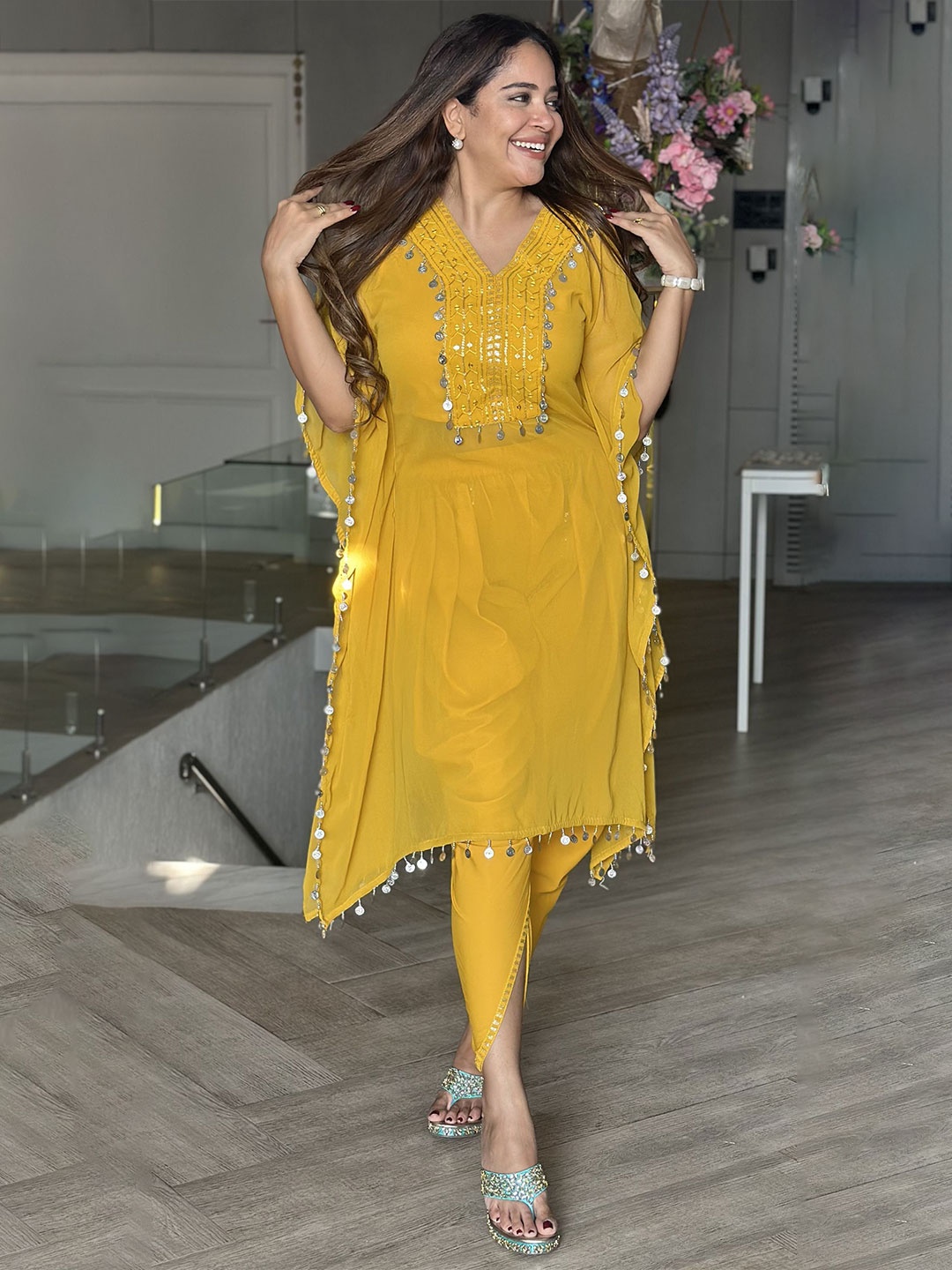 

FFI Flared Sleeve Kaftan Dress, Yellow