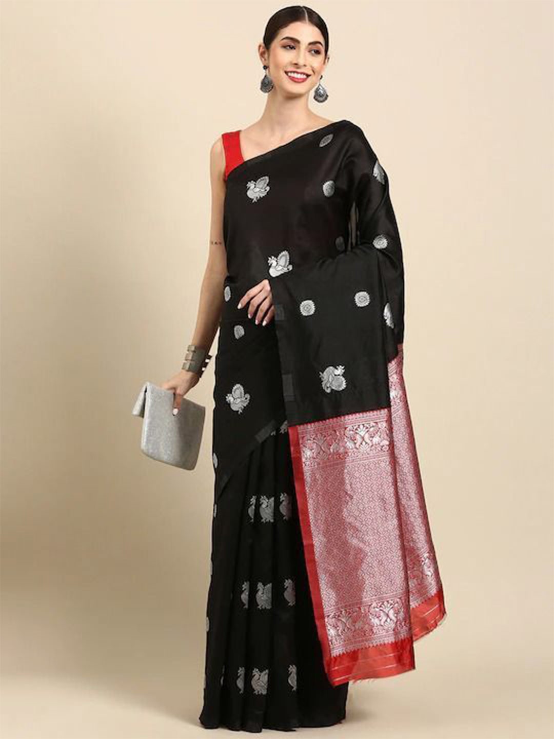 

Aika Woven Design Zari Pure Silk Kanjeevaram Saree, Black