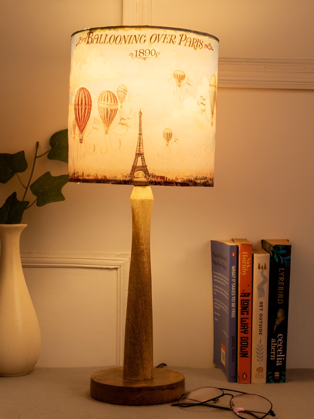 

green girgit Blue Printed Cylindrical Shaped Wooden Table Lamp With Bulb