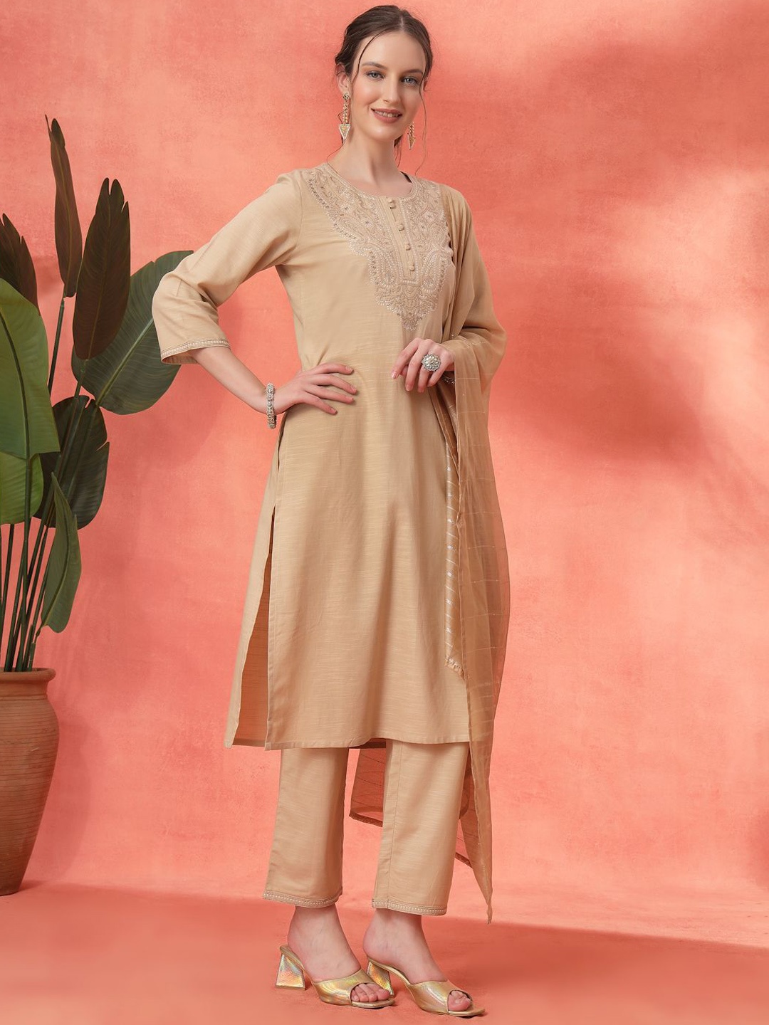 

Nayam By Lakshita Paisley Yoke Design Thread Work Kurta with Trousers & Dupatta, Beige