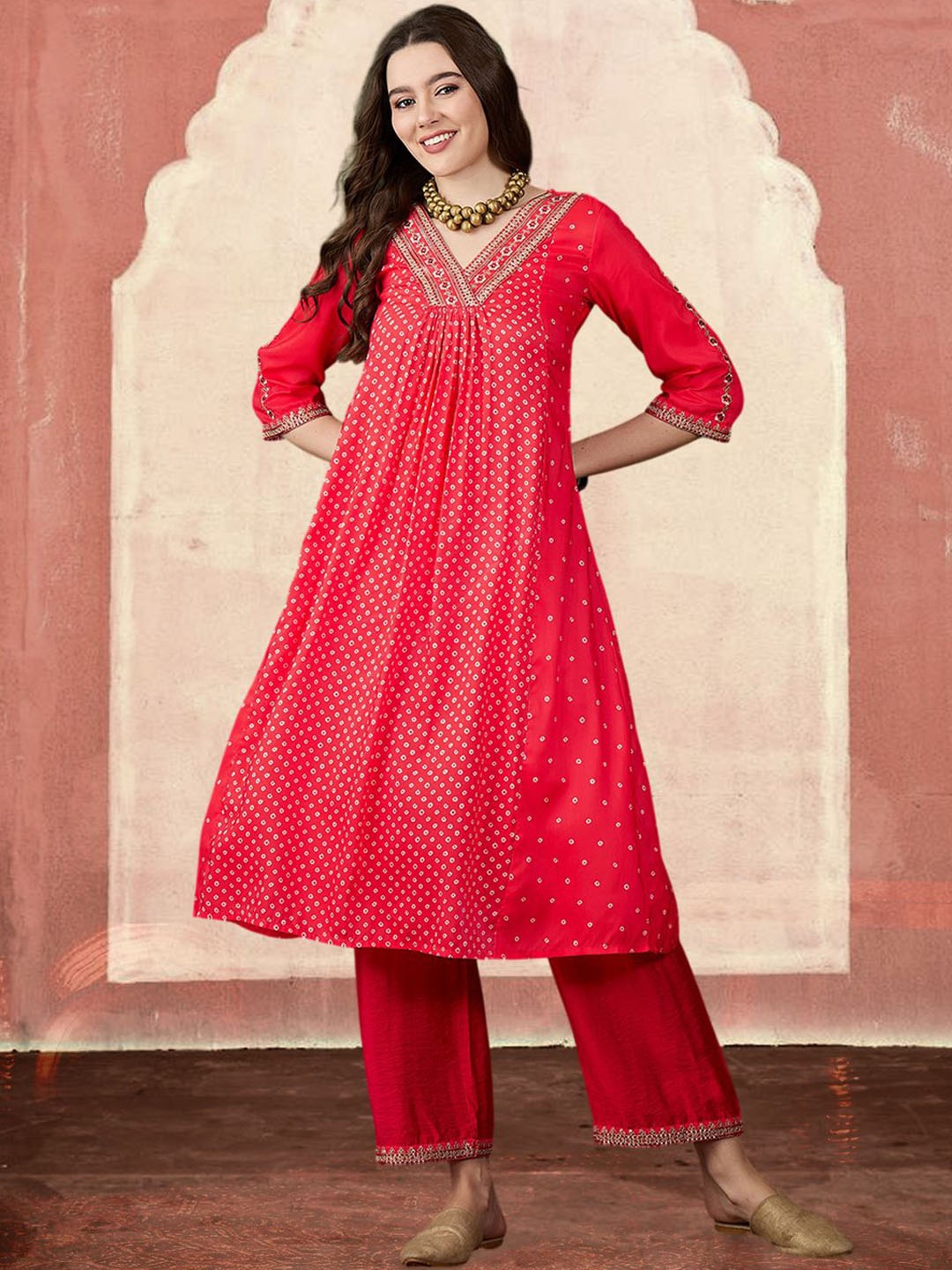 

Sangria Bandhani Printed V-Neck A-Line Kurta & Trousers Set, Pink