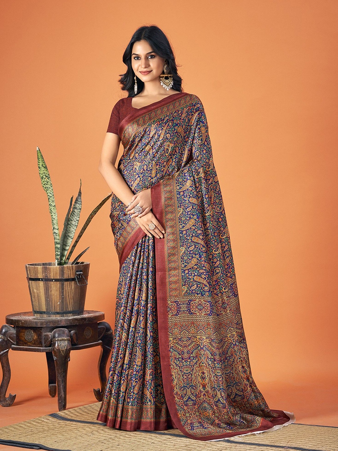 

DIVASTRI Paisley Printed Pashmina Saree, Blue