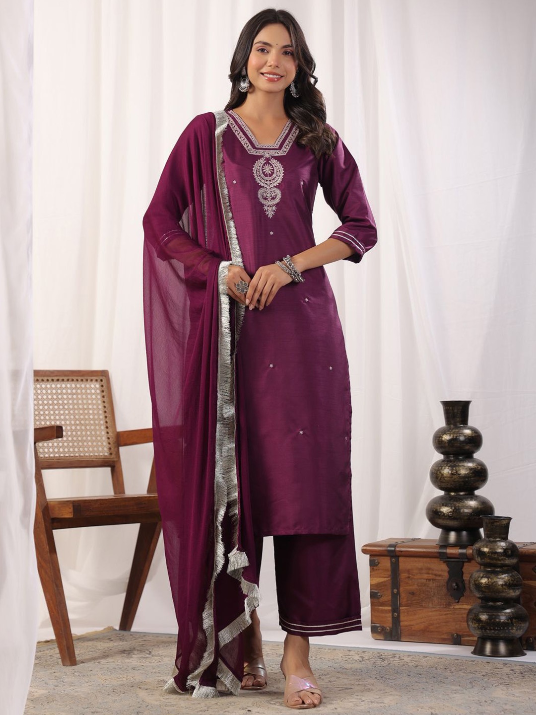 

KALINI Women Embroidered Thread Work Kurta With Palazzos & Dupatta, Purple