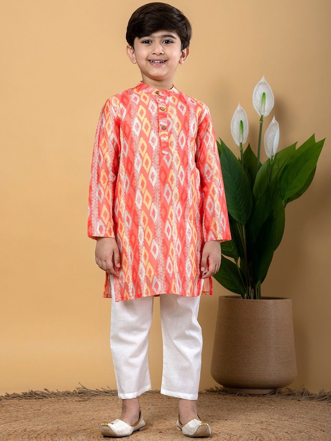 

Readiprint Boys Geometric Printed Chanderi Cotton Kurta with Pyjamas, Peach