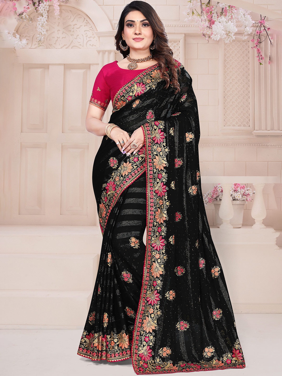 

KHRITI FAB Embellished Embroidered Silk Blend Saree, Black