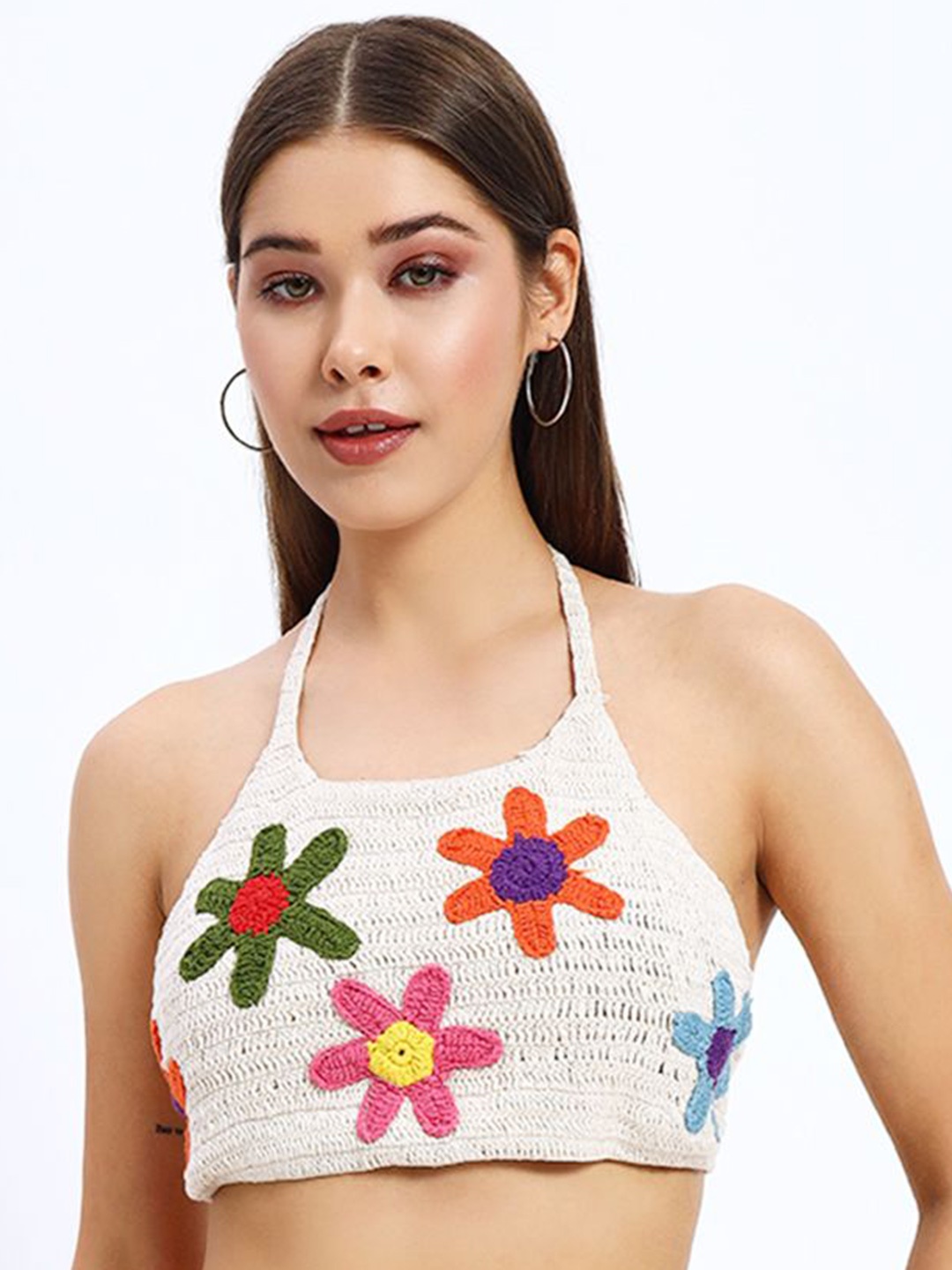 

Sugercandy Print Cotton Crochet Bralette Crop Top, Cream