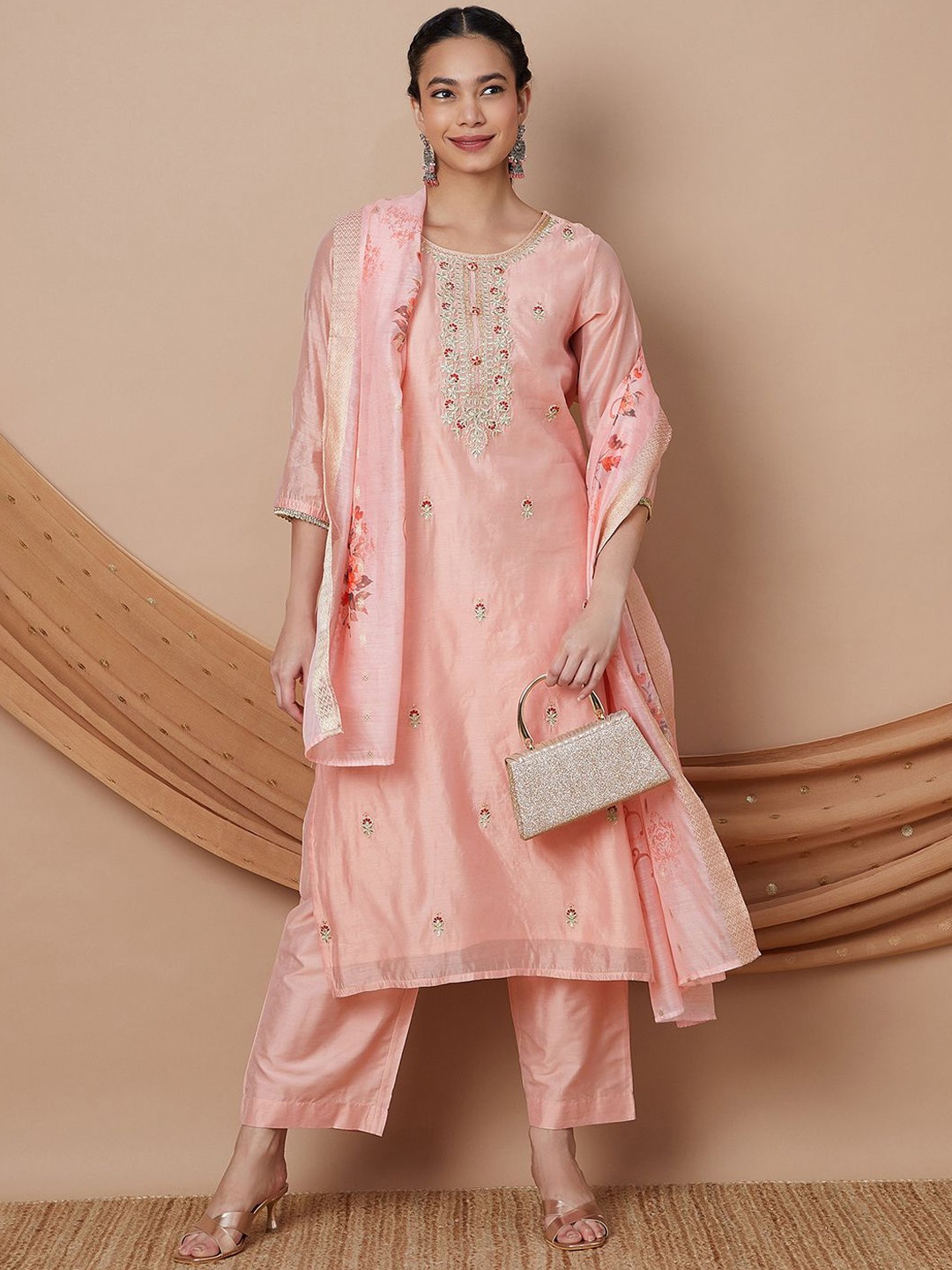 

Melange by Lifestyle Embroidered Chanderi Silk Straight Kurta With Trousers & Dupatta, Coral