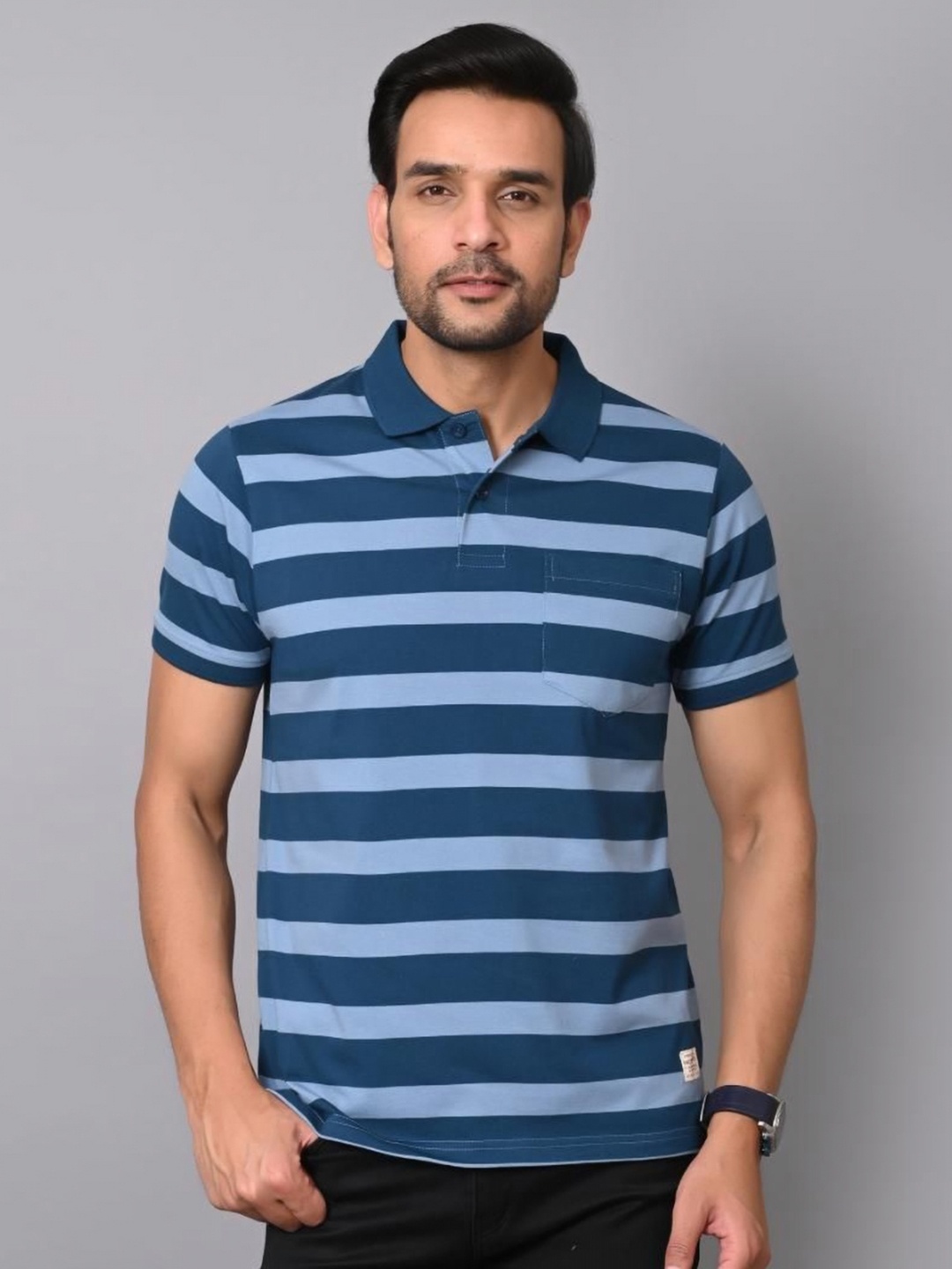 

ARBOUR Men Striped Polo Collar Cotton T-shirt, Blue