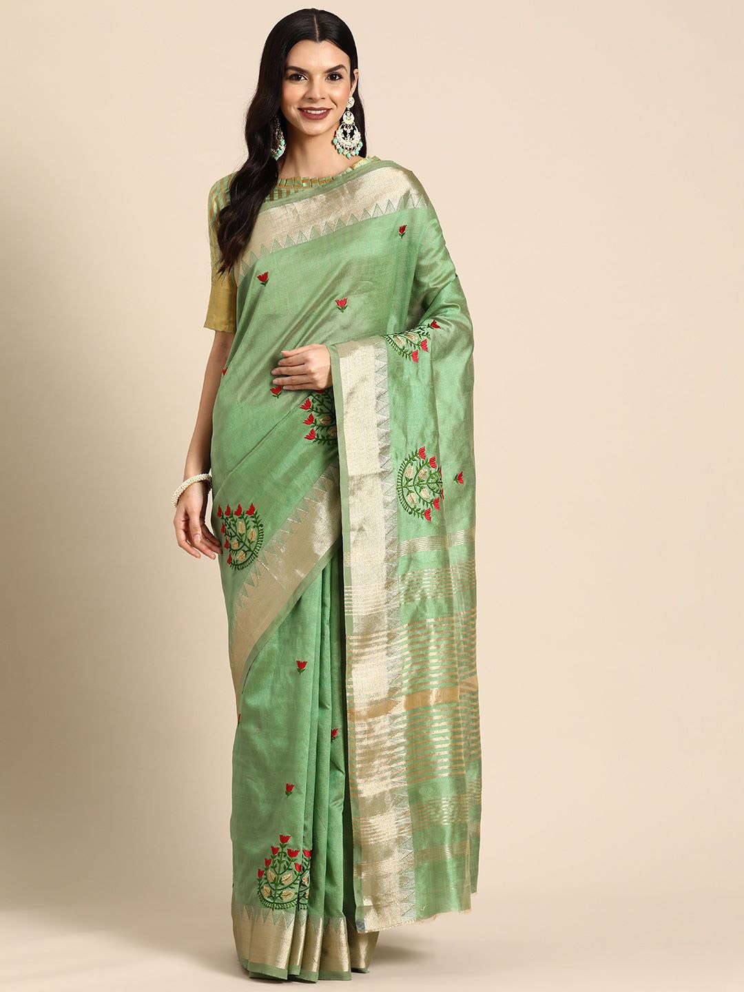 

DIVASTRI Woven Design Embroidered Silk Cotton Banarasi Saree, Green