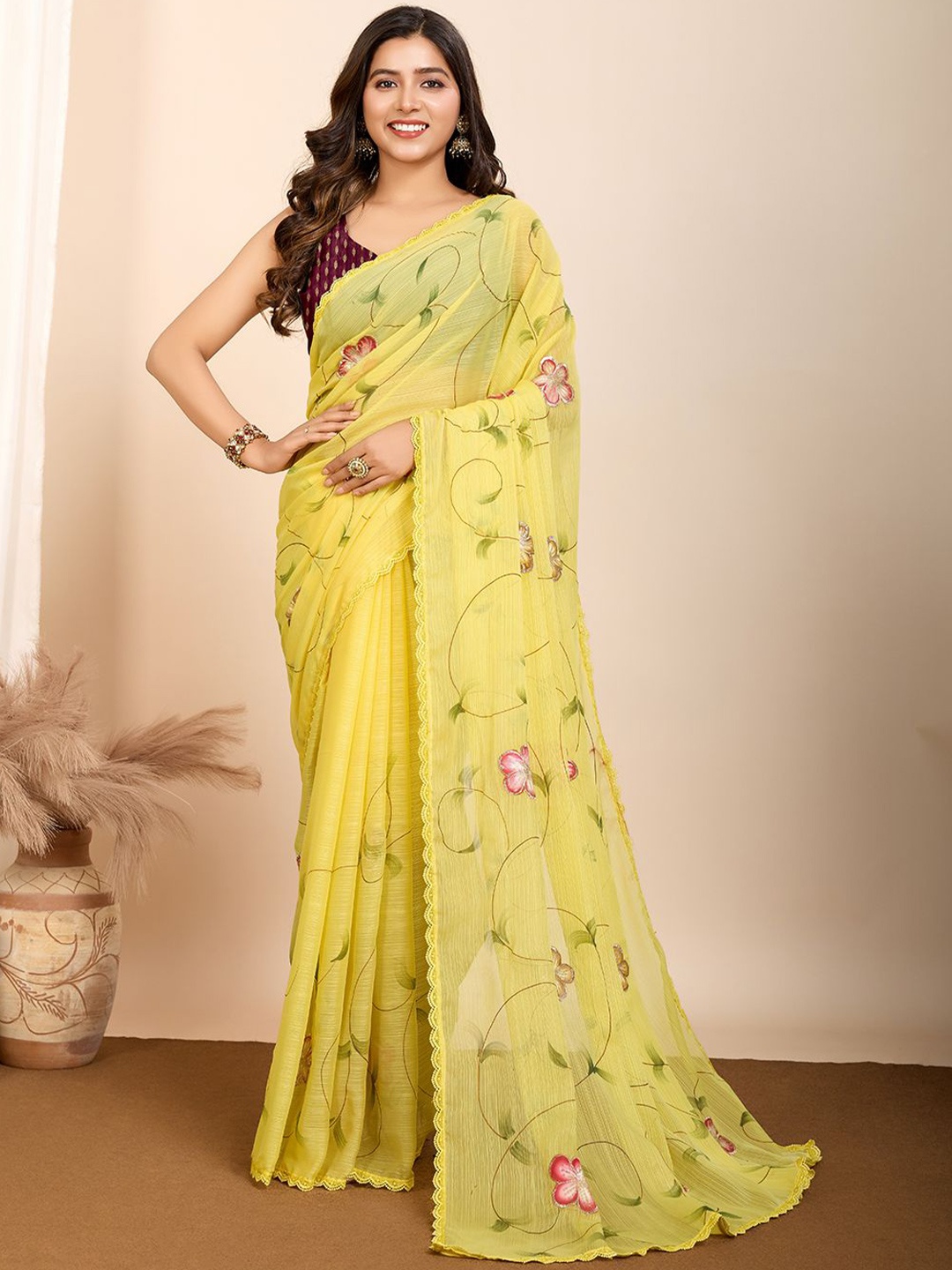 

Sarvada Floral Embroidered Pure Georgette Saree, Yellow