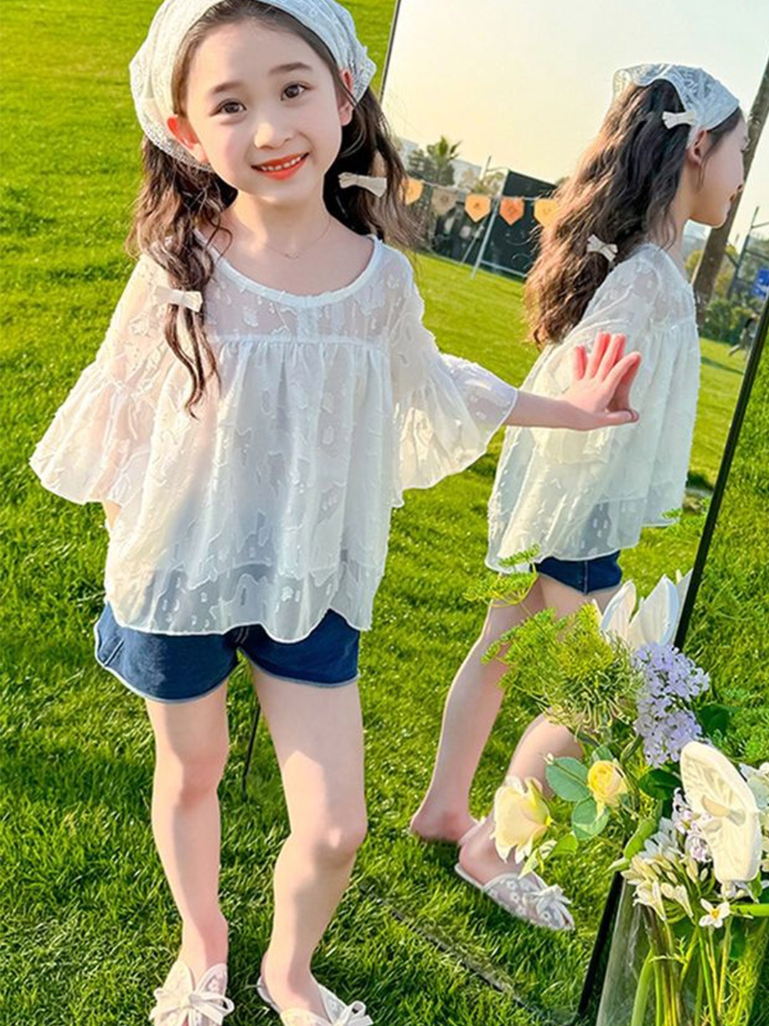 

LULU & SKY Girls Self Design Round Neck Top With Shorts, White