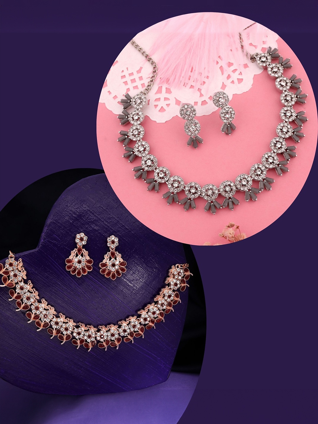 

DIVASTRI Set Of 2 Rose Gold & Silver-Plated American Diamond-Studded Jewellery Set, Multi