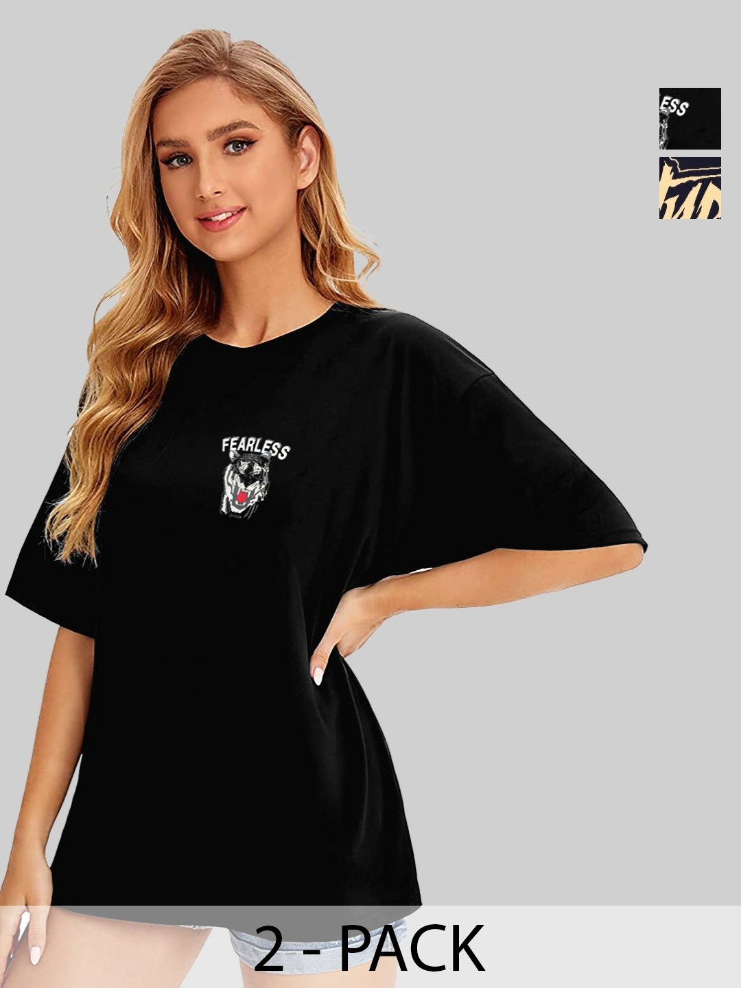 

Leotude Women Pack Of 2 Graphic Printed Round Neck Cotton Oversized T-shirts, Black