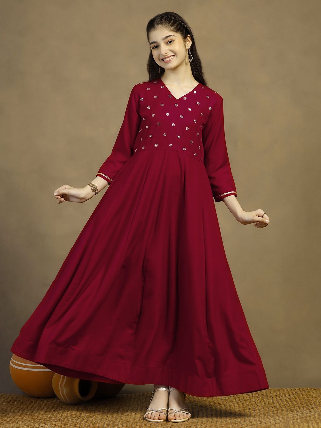 

Sangria Girls Embroidered Anarkali Maxi Dress, Maroon