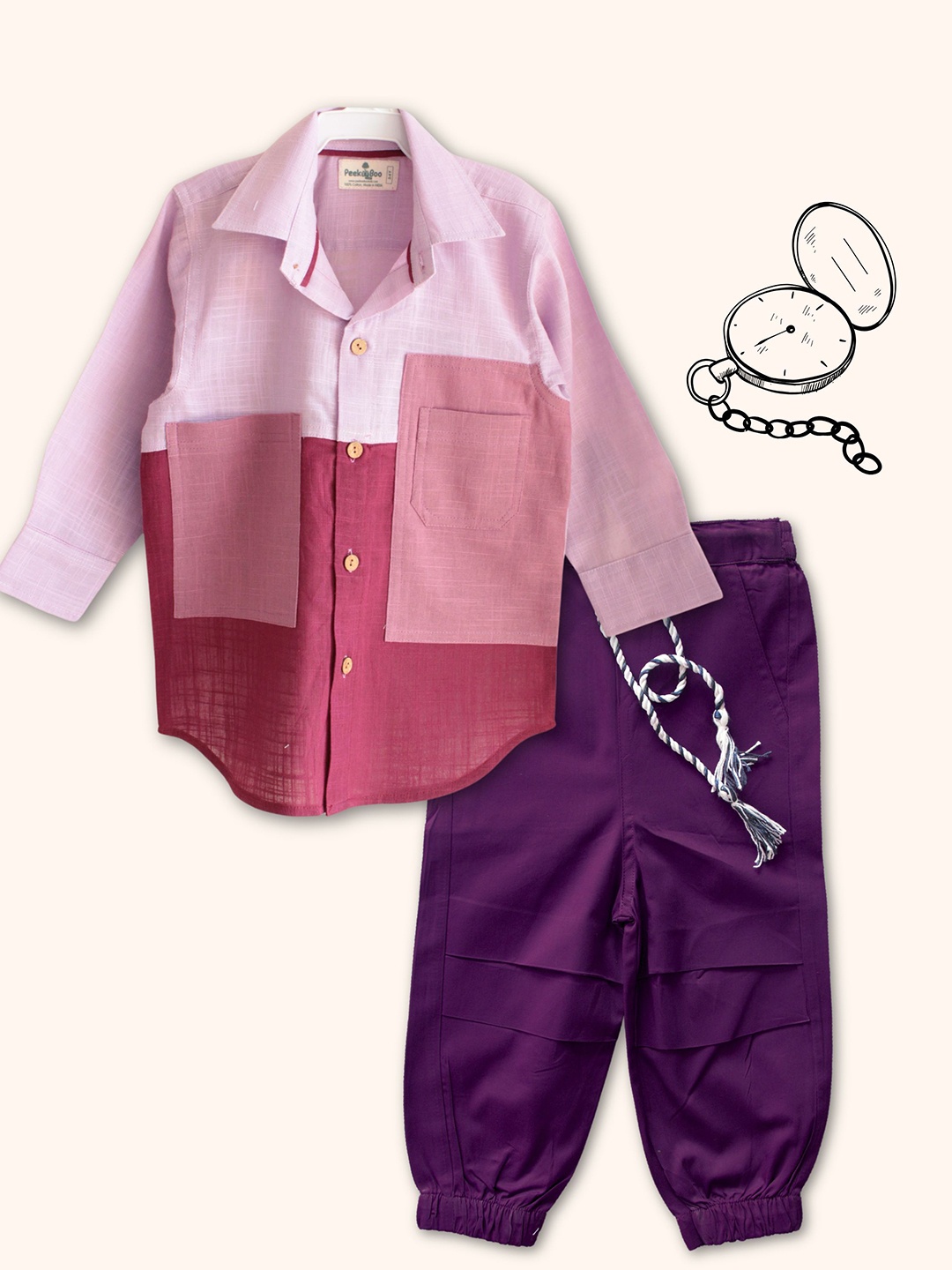 

Peekaaboo Boys Colourblocked Pure Cotton Shirt with Trousers, Mauve