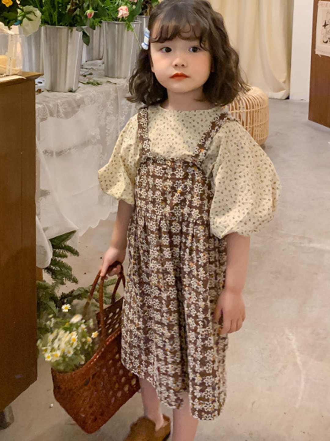 

LULU & SKY Girls Floral Printed Pinafore Dress, Brown