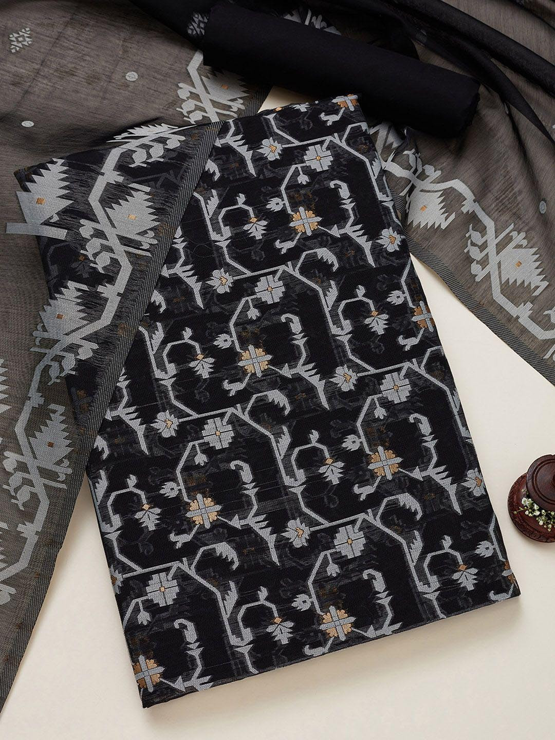 

Soch Geometric Printed Chanderi Silk Unstitched Dress Material, Black