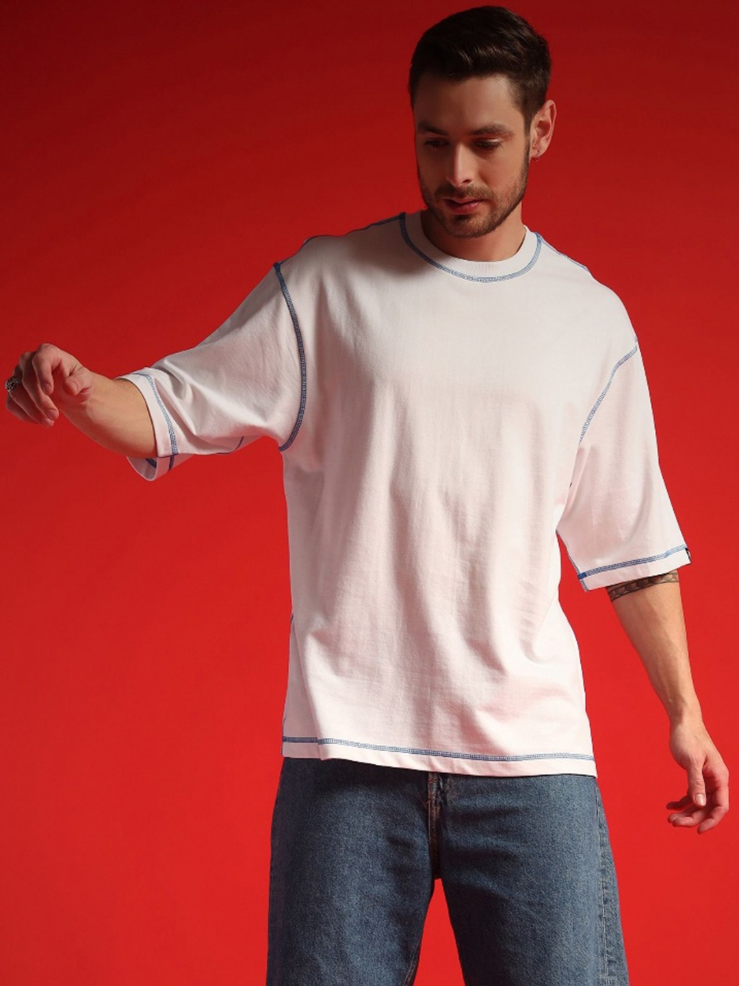 

PockMAN Men Bio Finish Solid Round Neck Cotton Oversized T-shirt, White