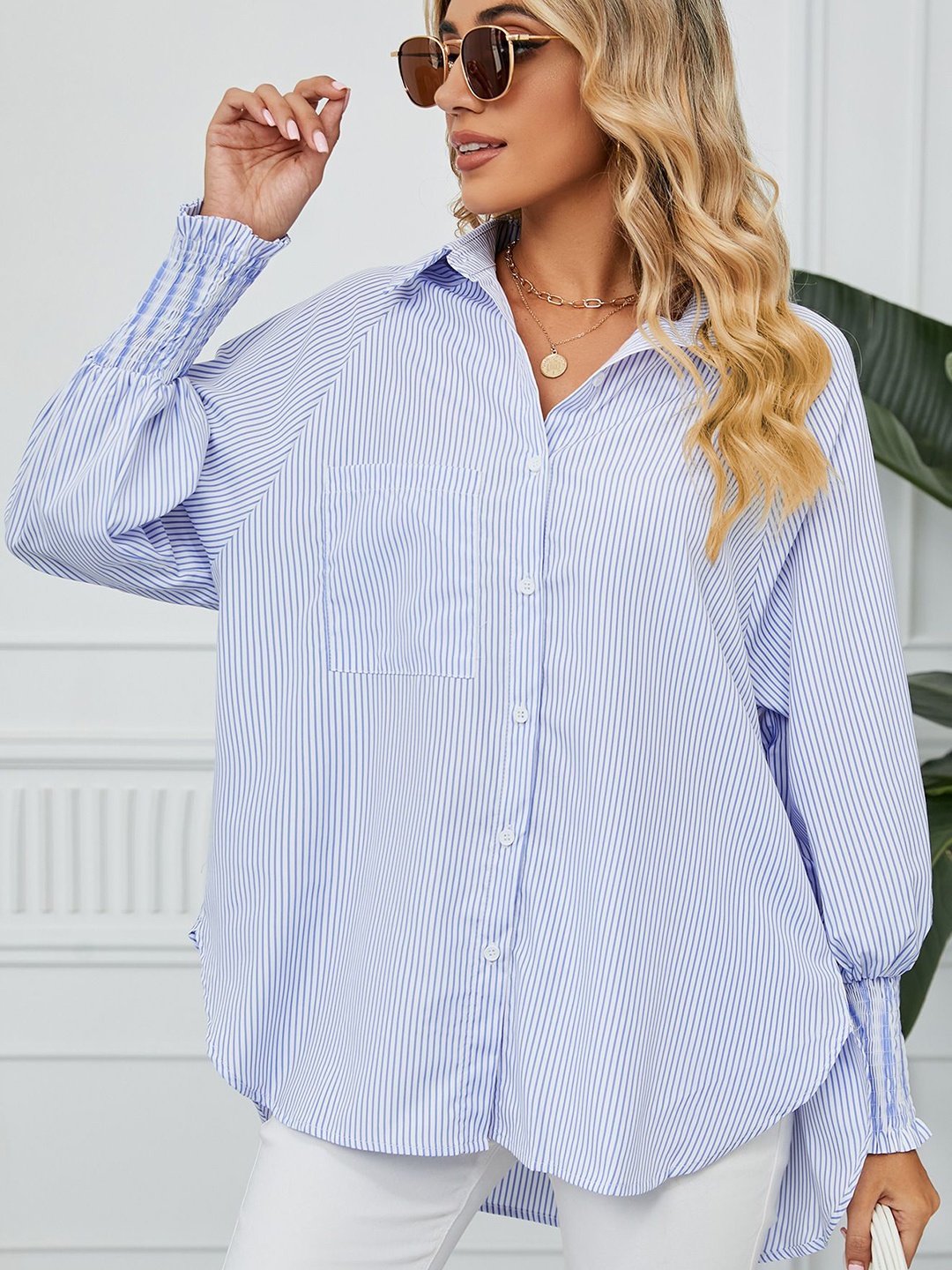

StyleCast Women Opaque Striped Casual Shirt, Blue