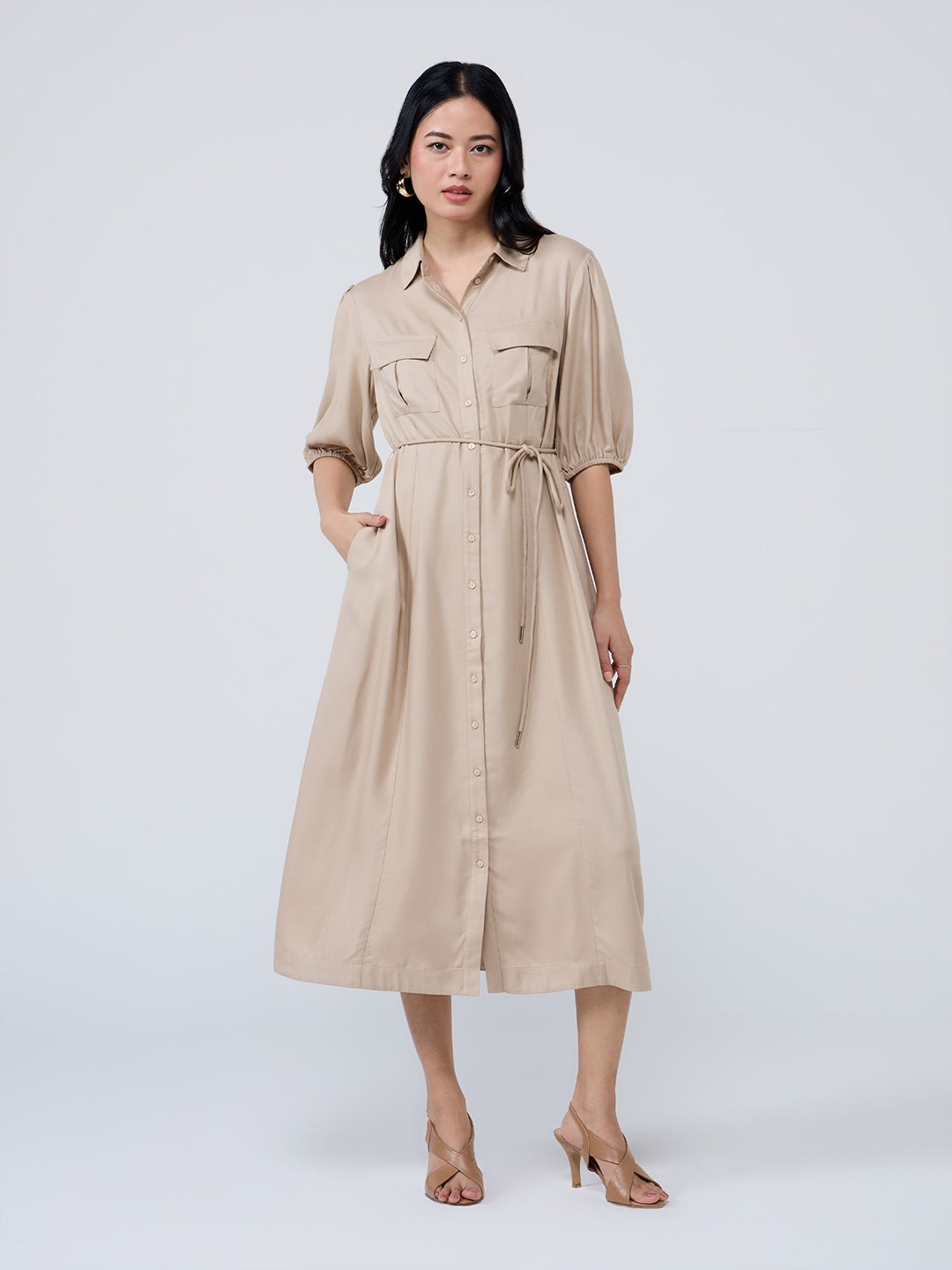 

20Dresses Shirt Collar A-Line Midi Dress, Beige