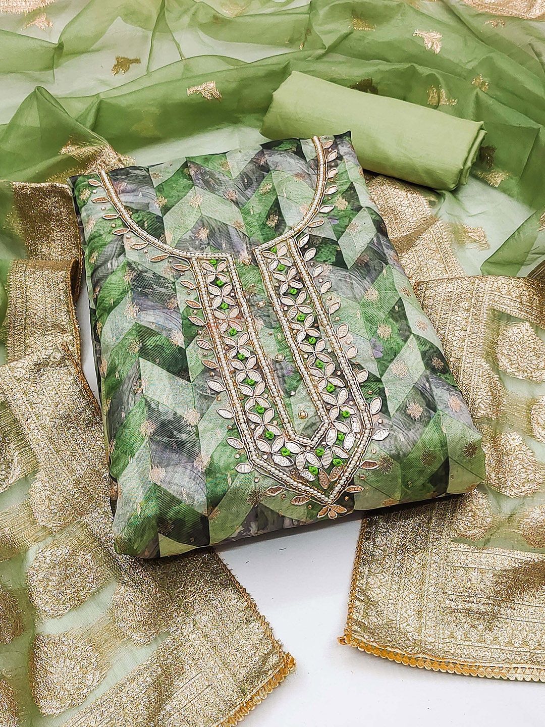 

SAINOOR Chevron Printed Beads and Stones Organza Unstitched Dress Material, Green