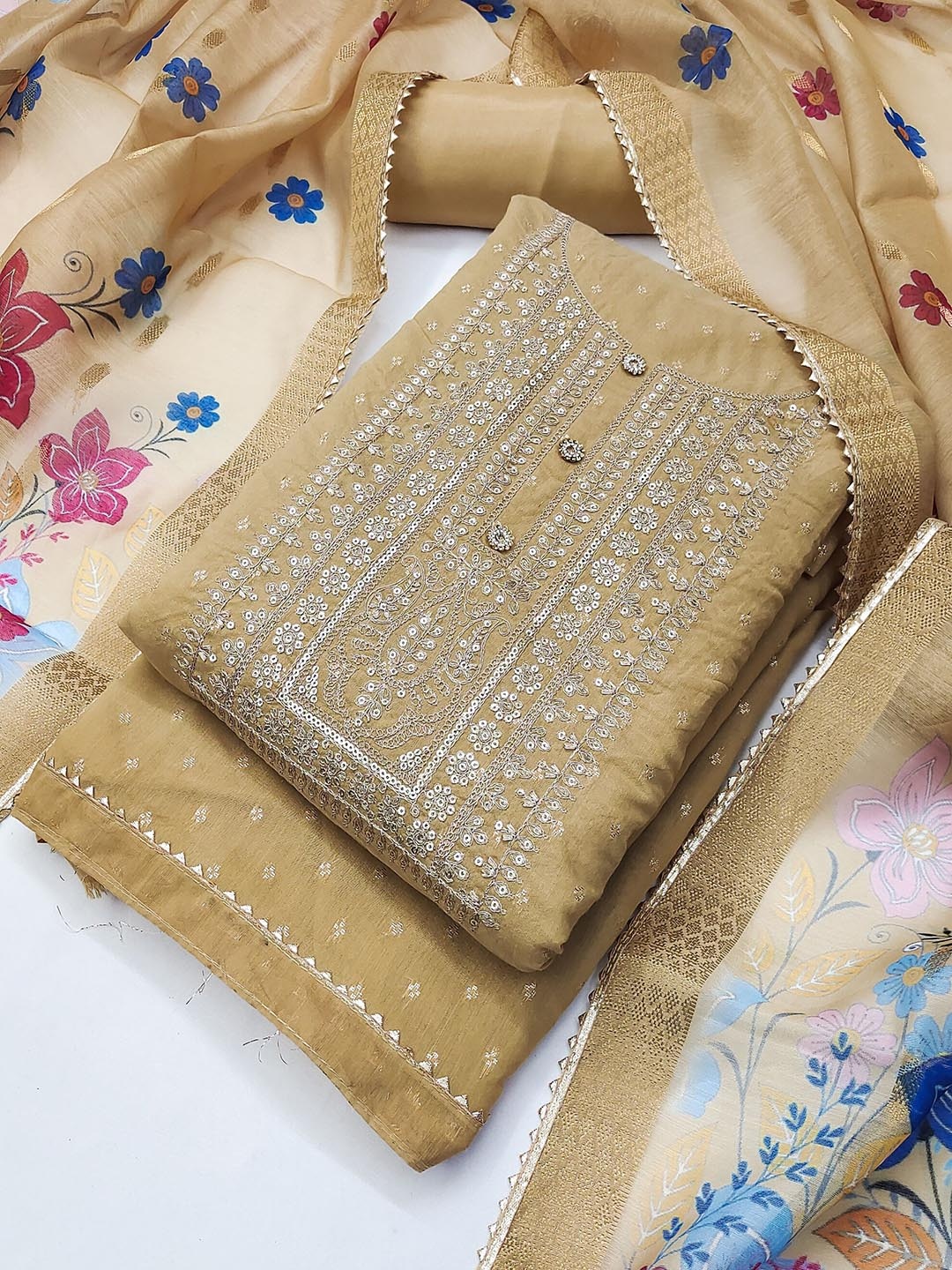 

TAVAS Ethnic Motifs Embroidered Chanderi Silk Unstitched Dress Material, Beige