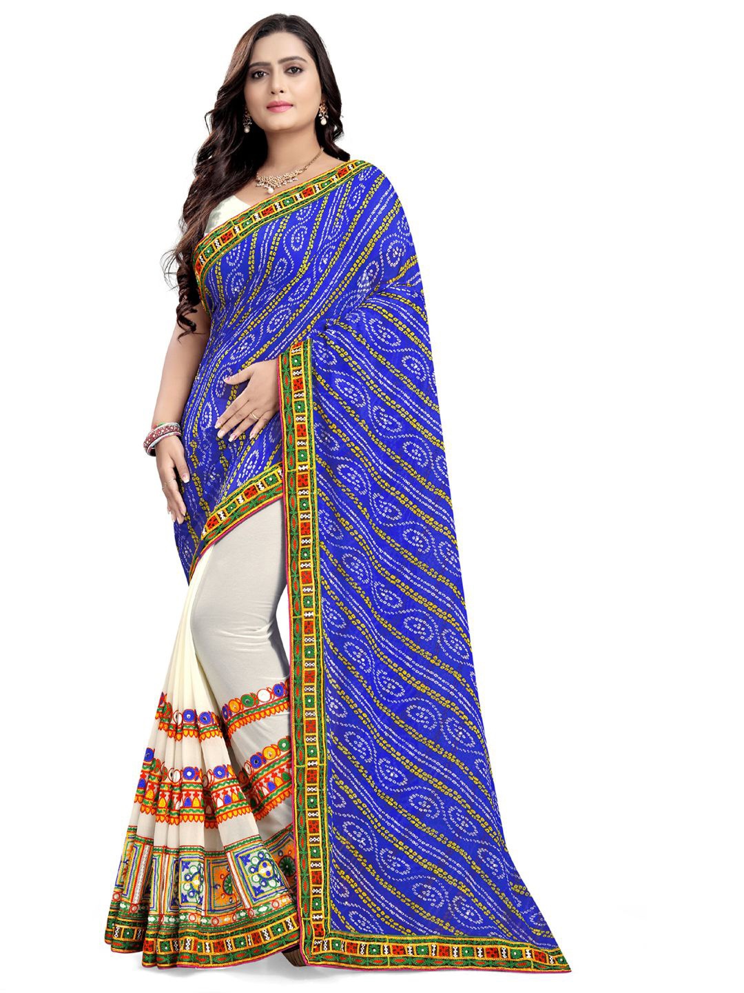 

DIVASTRI Bandhani Mirror Work Poly Georgette Saree, Blue