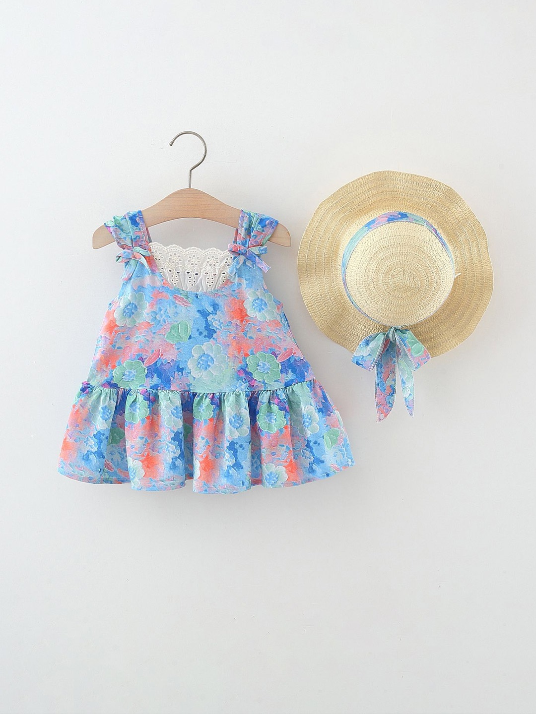 

LULU & SKY Girls Floral Print A-Line Dress With Hat, Blue