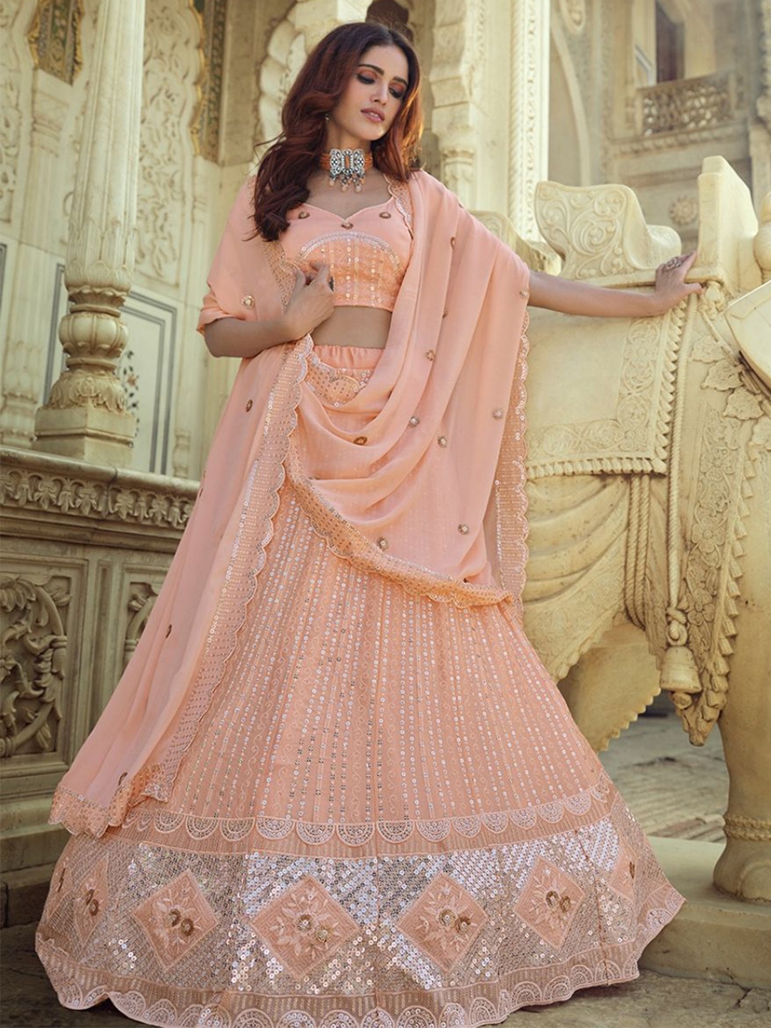 

Fusionic Embroidered Sequinned Semi-Stitched Lehenga & Blouse With Dupatta, Peach