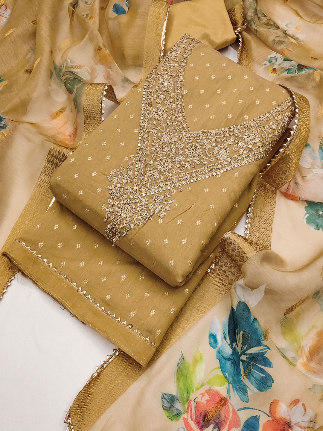 

TAVAS Floral Embroidered Zari Unstitched Dress Material, Beige