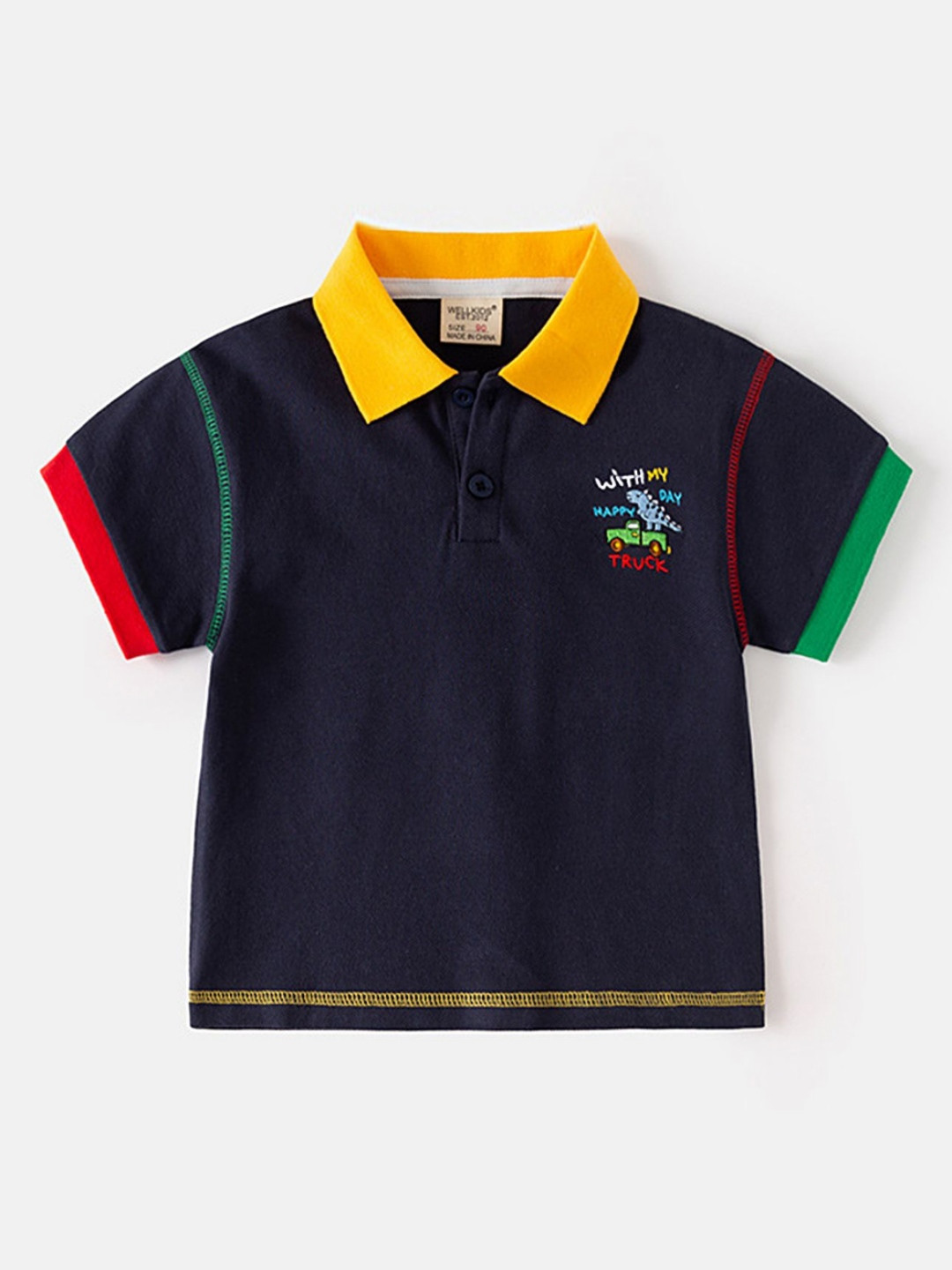 

LULU & SKY Boys Colourblocked Polo Collar Pure Cotton Applique T-shirt, Navy blue