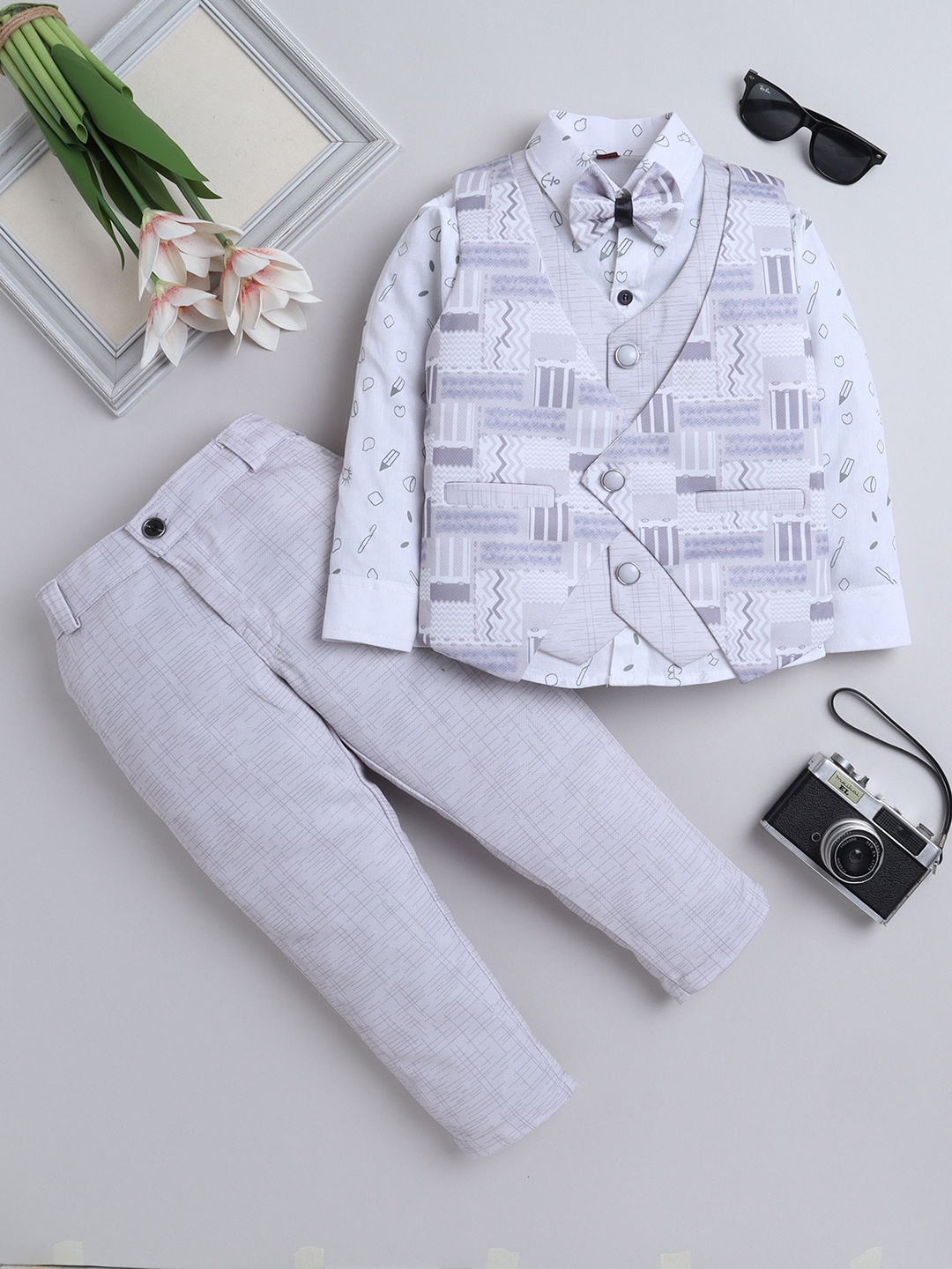 

BAESD Boys Printed Single-Breasted Three-Piece Suit, Grey