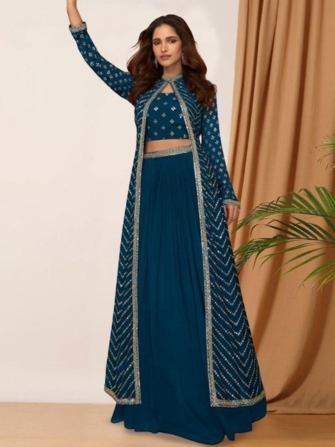 

PARROT CREATION Floral Embroidered Poly Georgette Crop Top With Long Shrug & Skirt, Turquoise blue