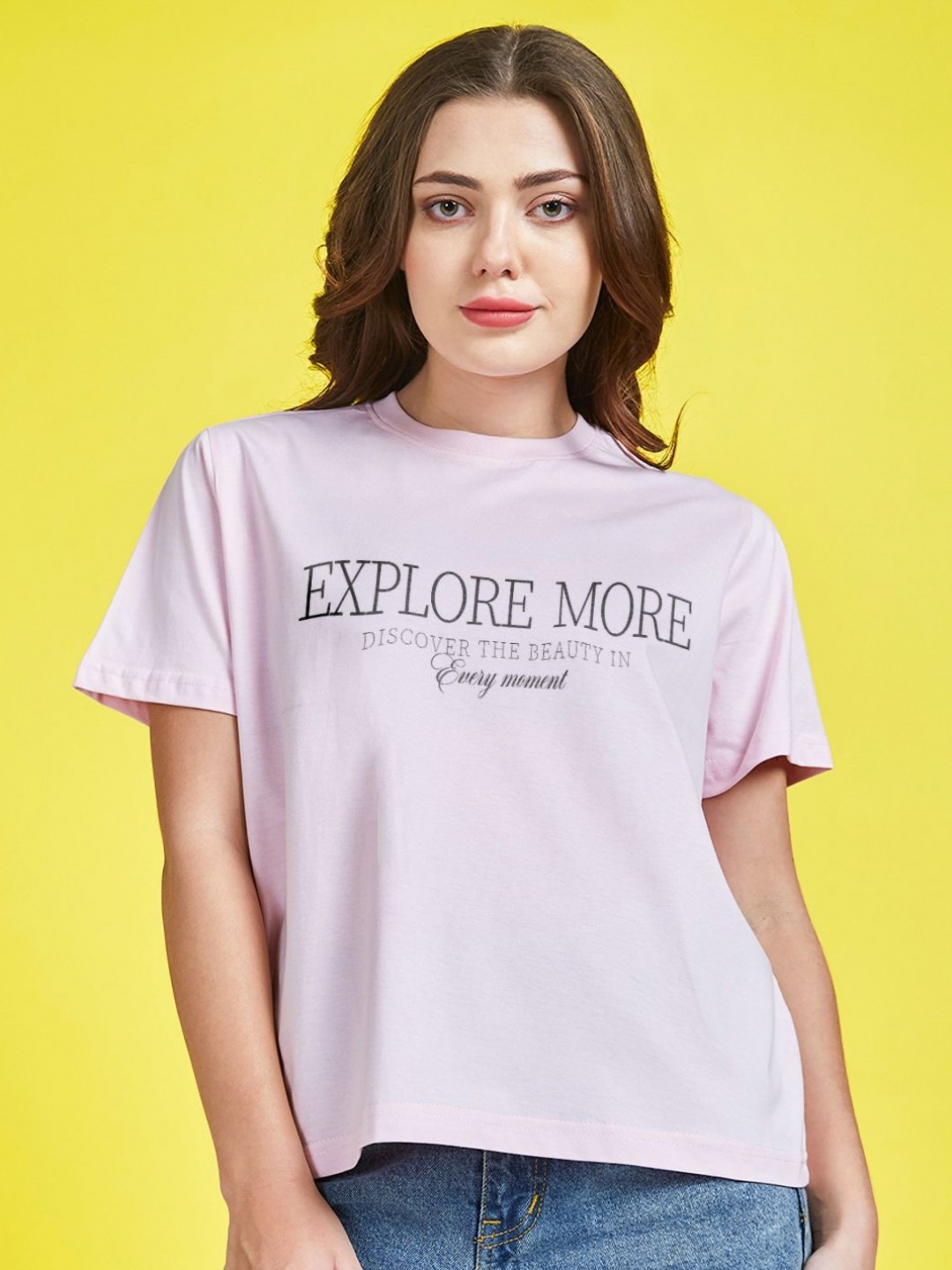 

Mast & Harbour Women Typography Printed Round Neck Cotton T-shirt, Pink