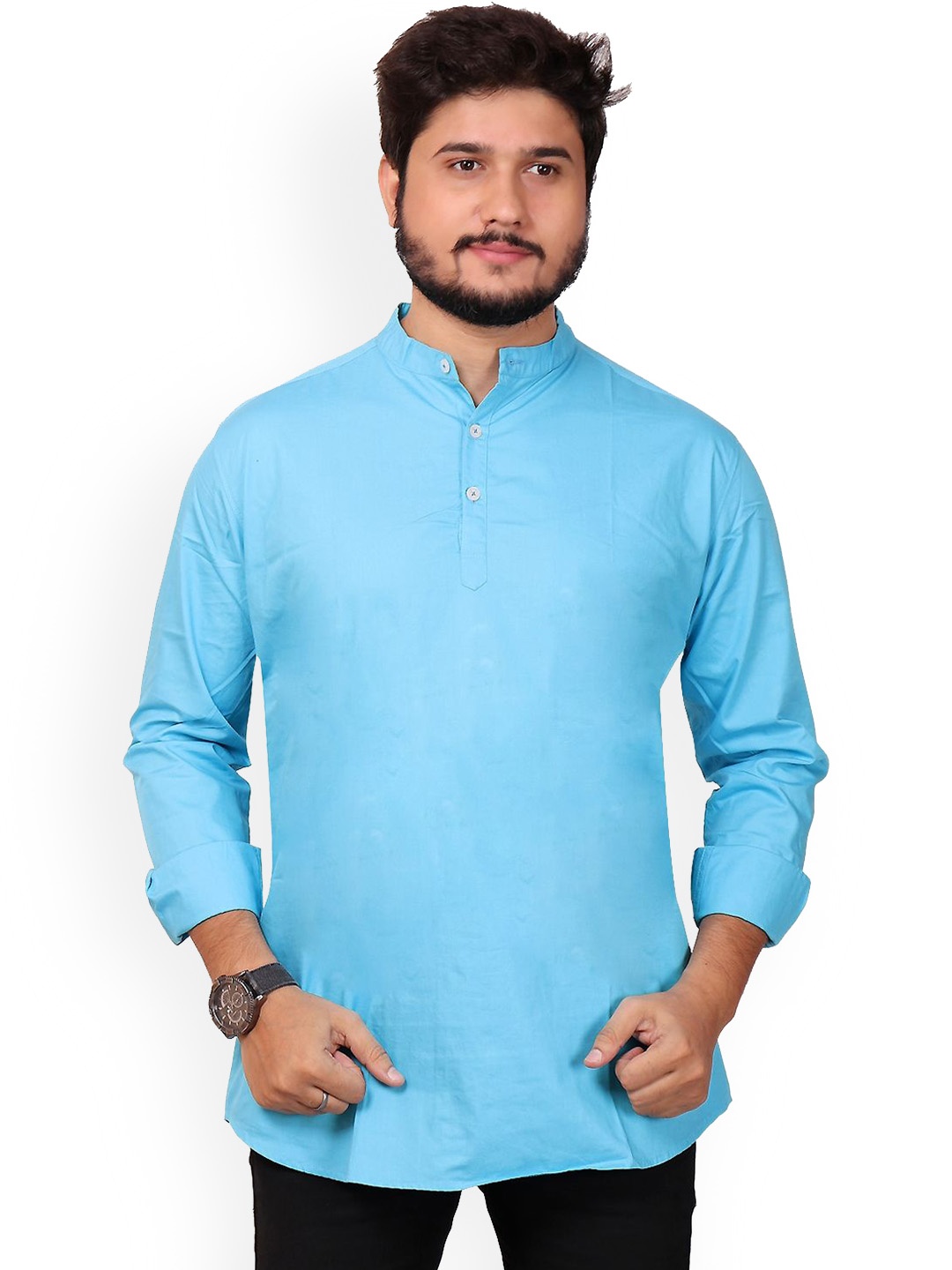 

MADE IN THE SHADE Band Collar Pure Cotton Straight Kurta, Turquoise blue