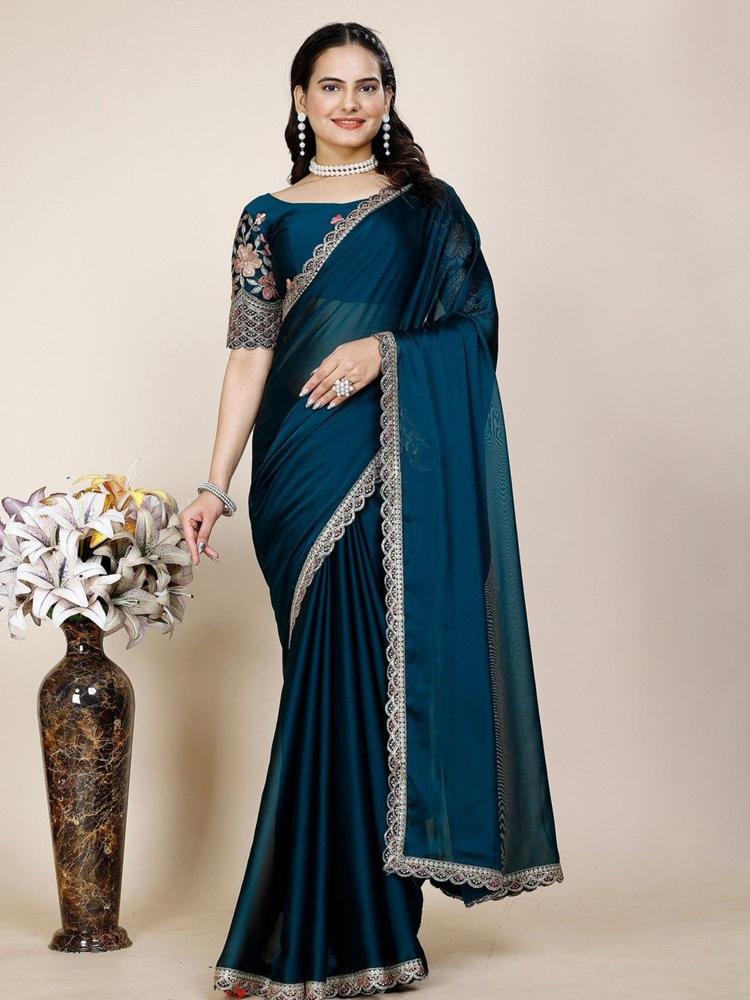 

K 5 Fashion Embroidered Pure Chiffon Saree, Blue