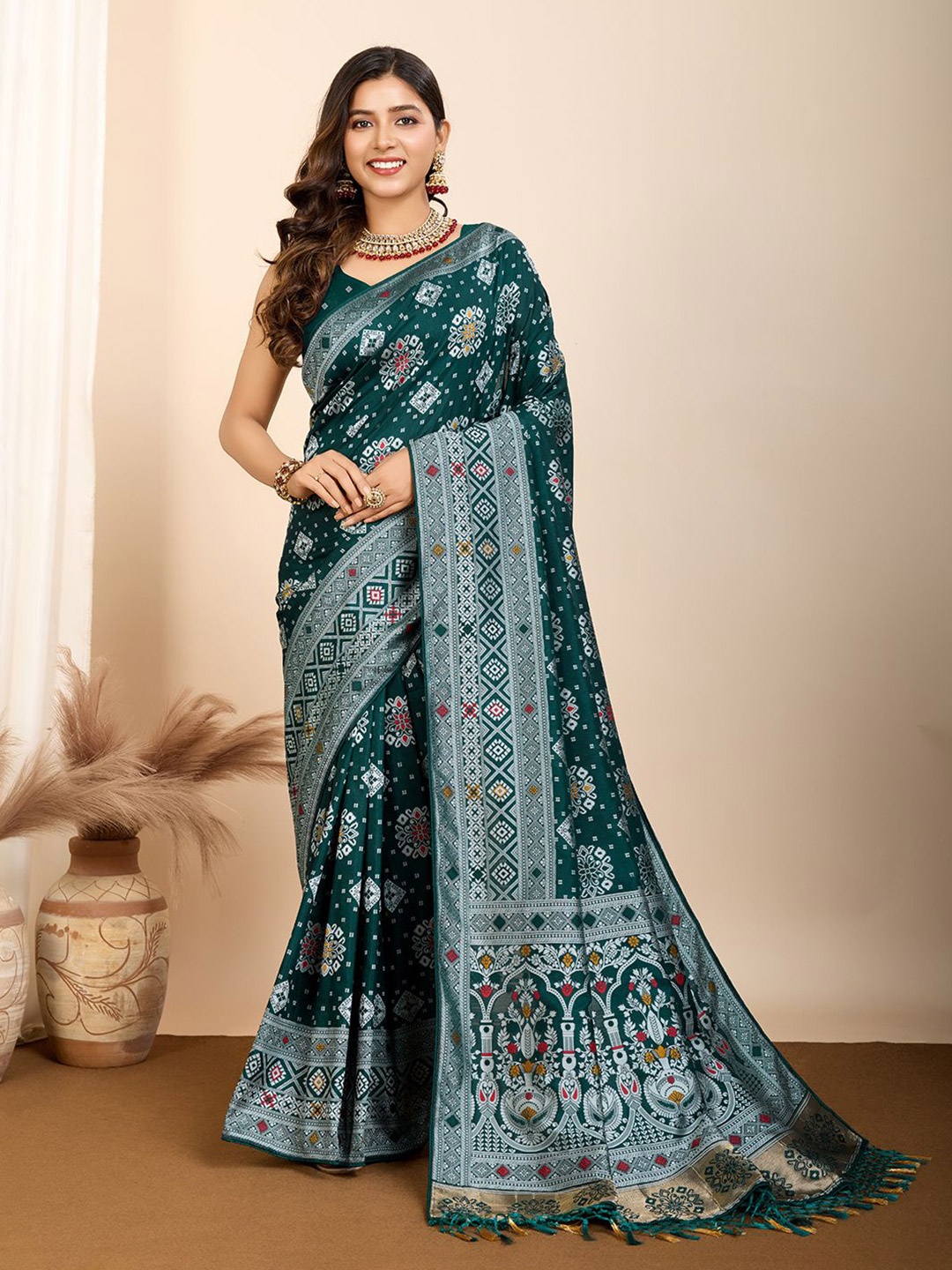 

ORUS Woven Design Zari Pure Silk Patola Saree, Teal