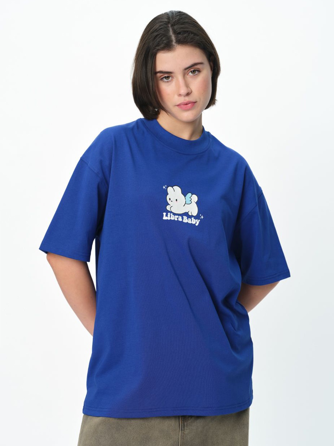 

Bonkers Corner Women Printed Extended Sleeves Pure Cotton Applique T-shirt, Blue