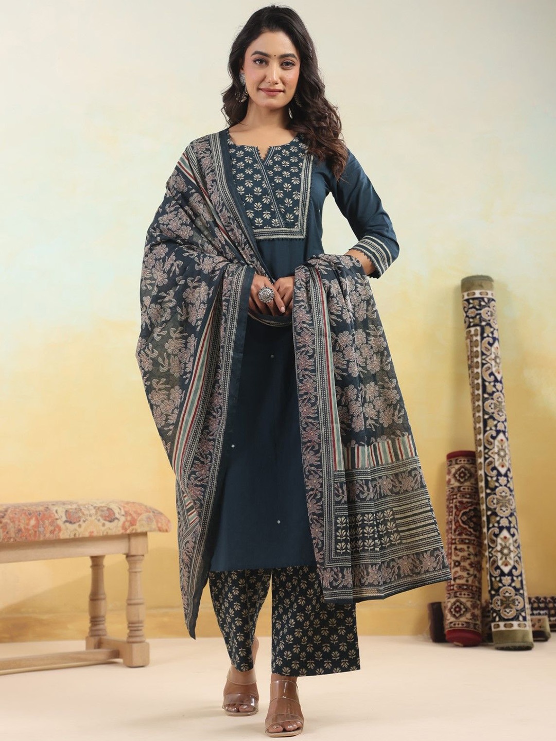 

AUTUMN LANE Floral Printed Notch Neck Pure Cotton Straight Kurta With Trousers And Dupatta, Green