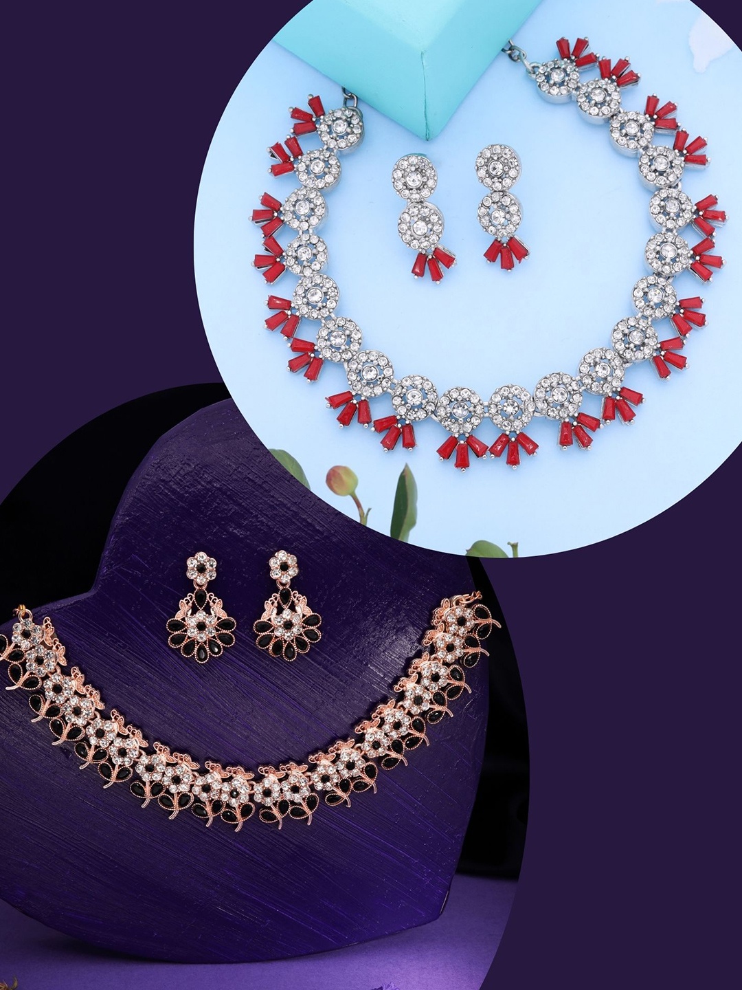 

DIVASTRI Set Of 2 Silver-Plated American Diamond Studded Jewellery Set