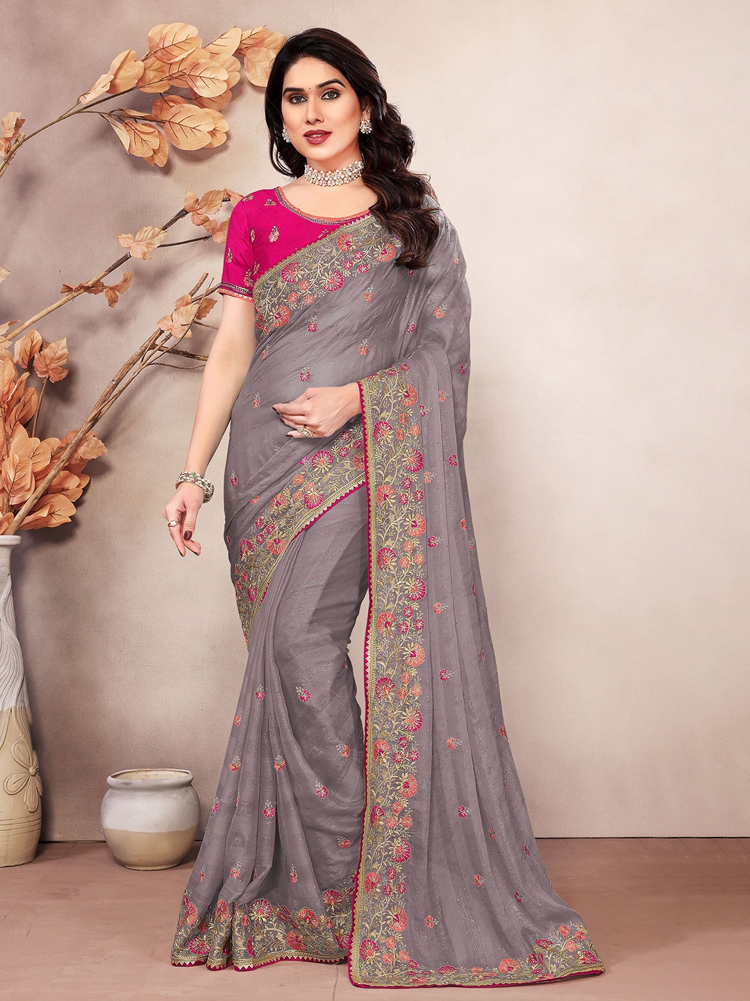 

KHRITI FAB Embellished Embroidered Silk Blend Saree, Brown