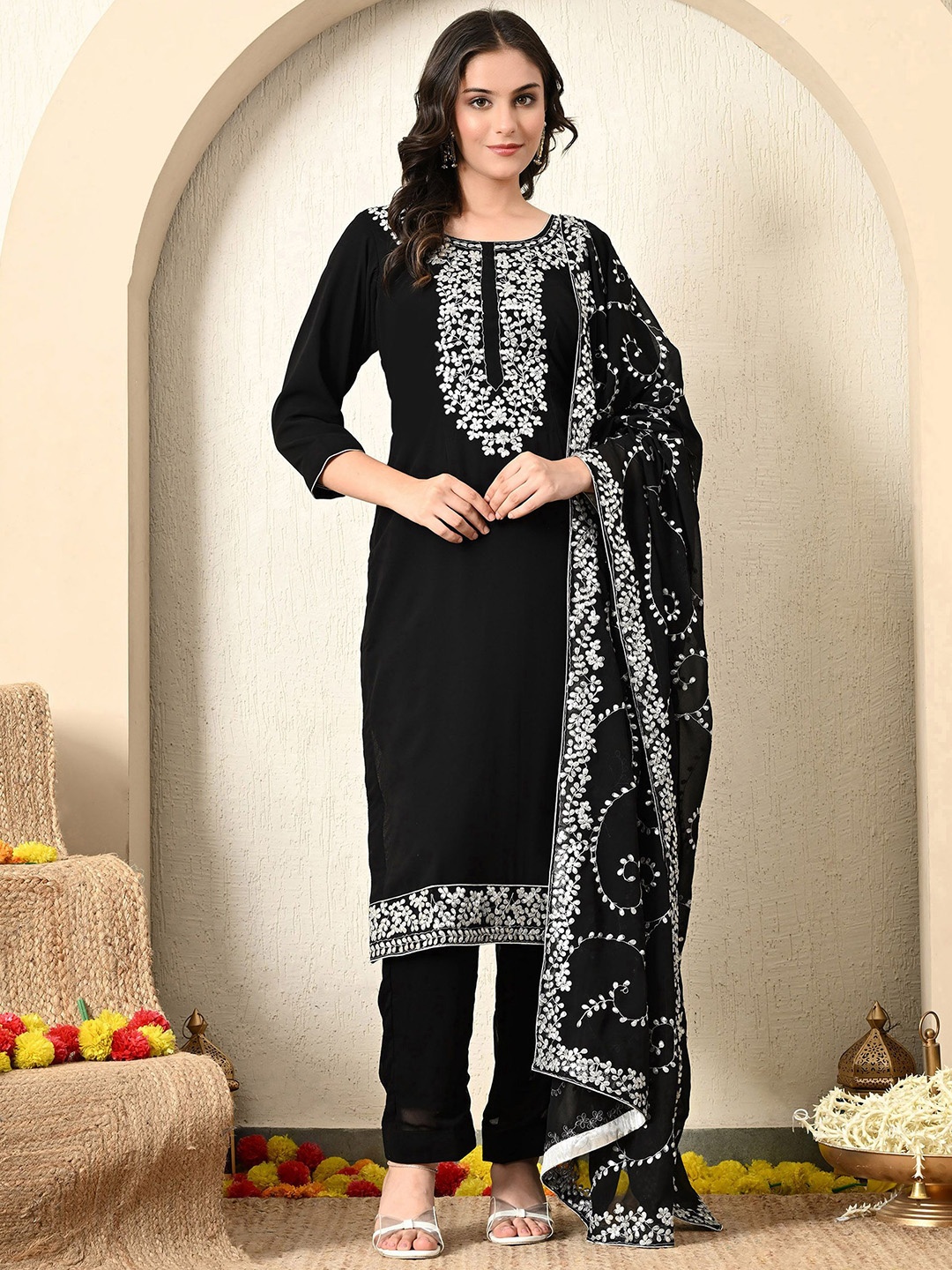 

ZARIKALI Floral Embroidered Georgette Straight Kurta With Trousers & Dupatta, Black