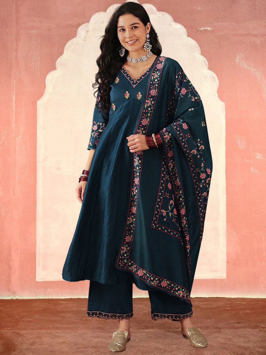

Sangria Floral Embroidered Pleated Thread Work A-Line Kurta With Trouser & Duputta, Navy blue