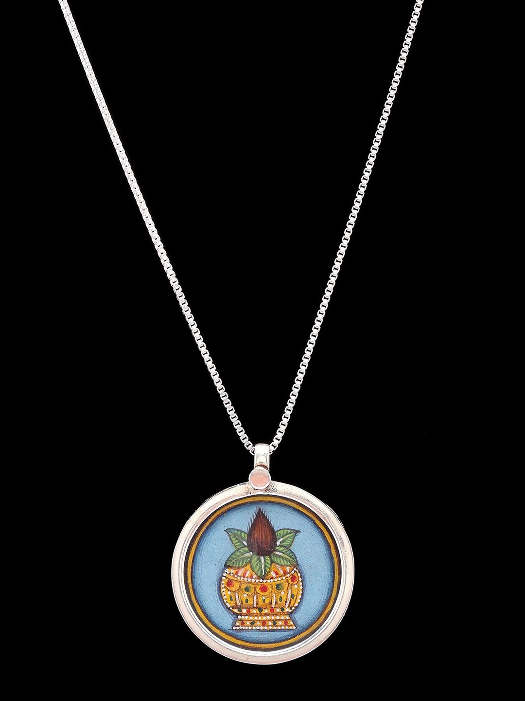 

Exotic India Round Shape Hand-Painted Kalash Pendant In Sterling Silver