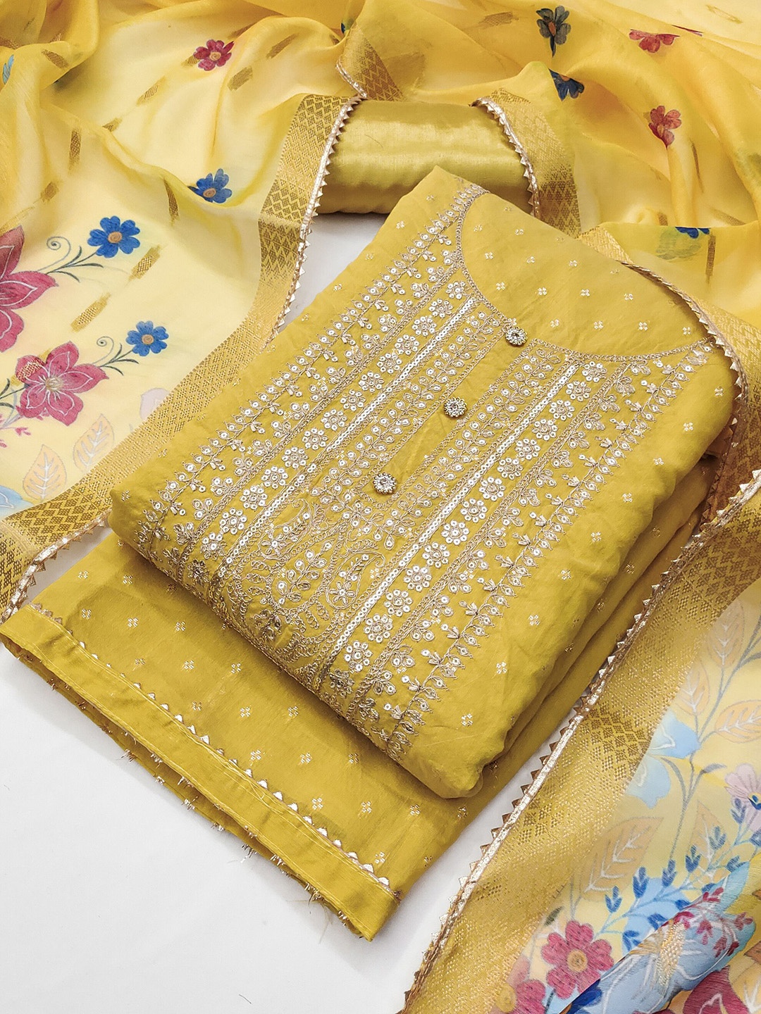 

TAVAS Ethnic Motifs Embroidered Chanderi Silk Unstitched Dress Material, Yellow
