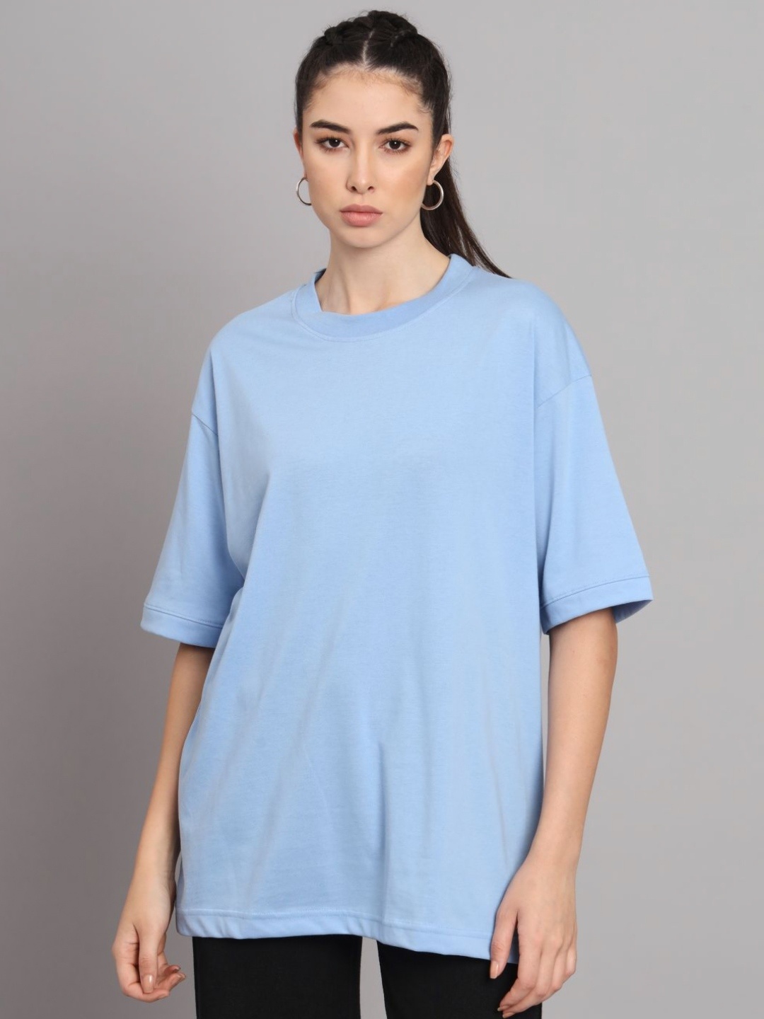 

Extoes Women Solid Round Neck Cotton Oversized T-shirt, Blue
