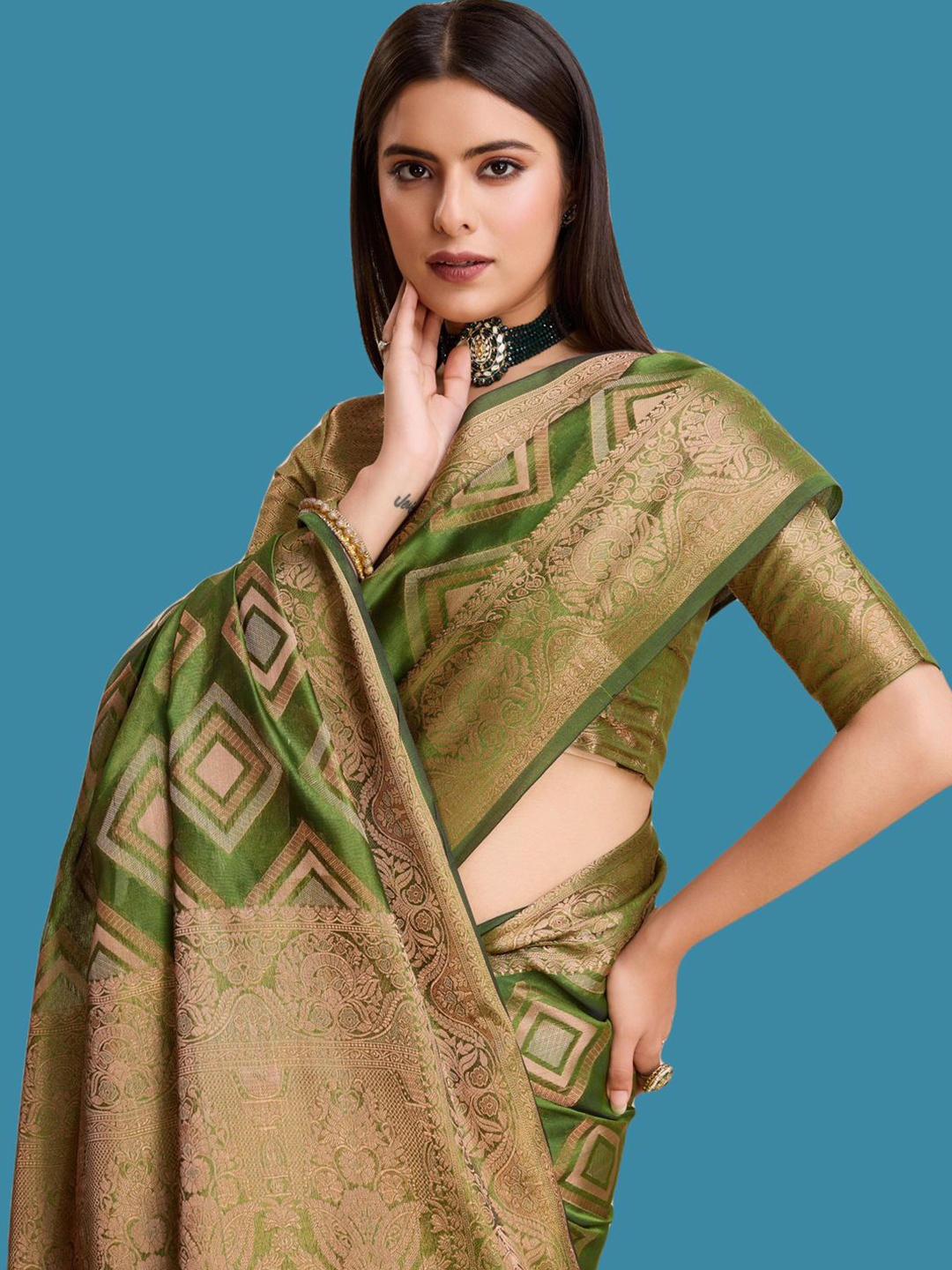 

SILKWEAR Ethnic Motifs Zari Organza Banarasi Saree, Olive