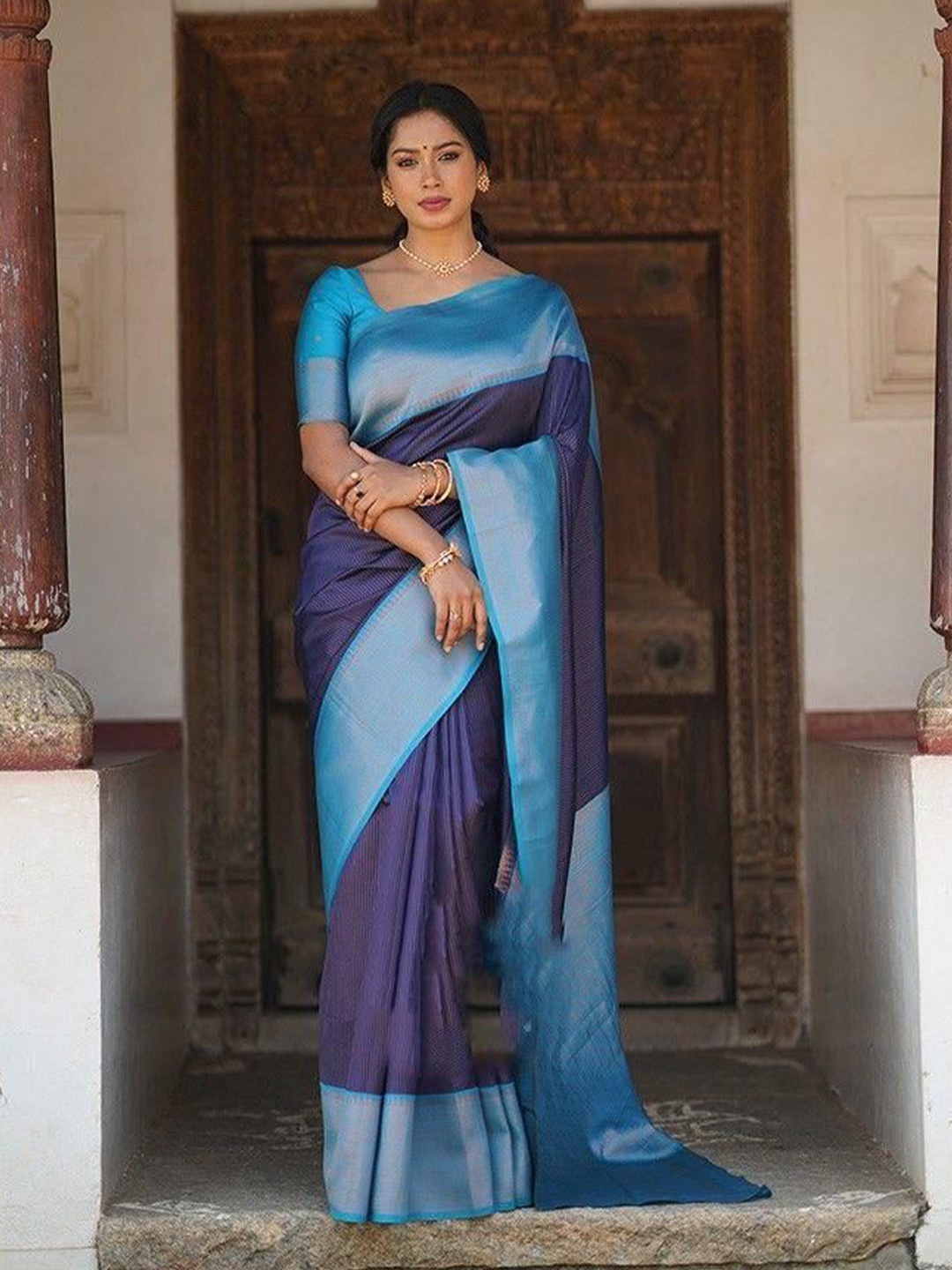 

LADY SHOPI Woven Design Zari Pure Silk Banarasi Saree, Blue