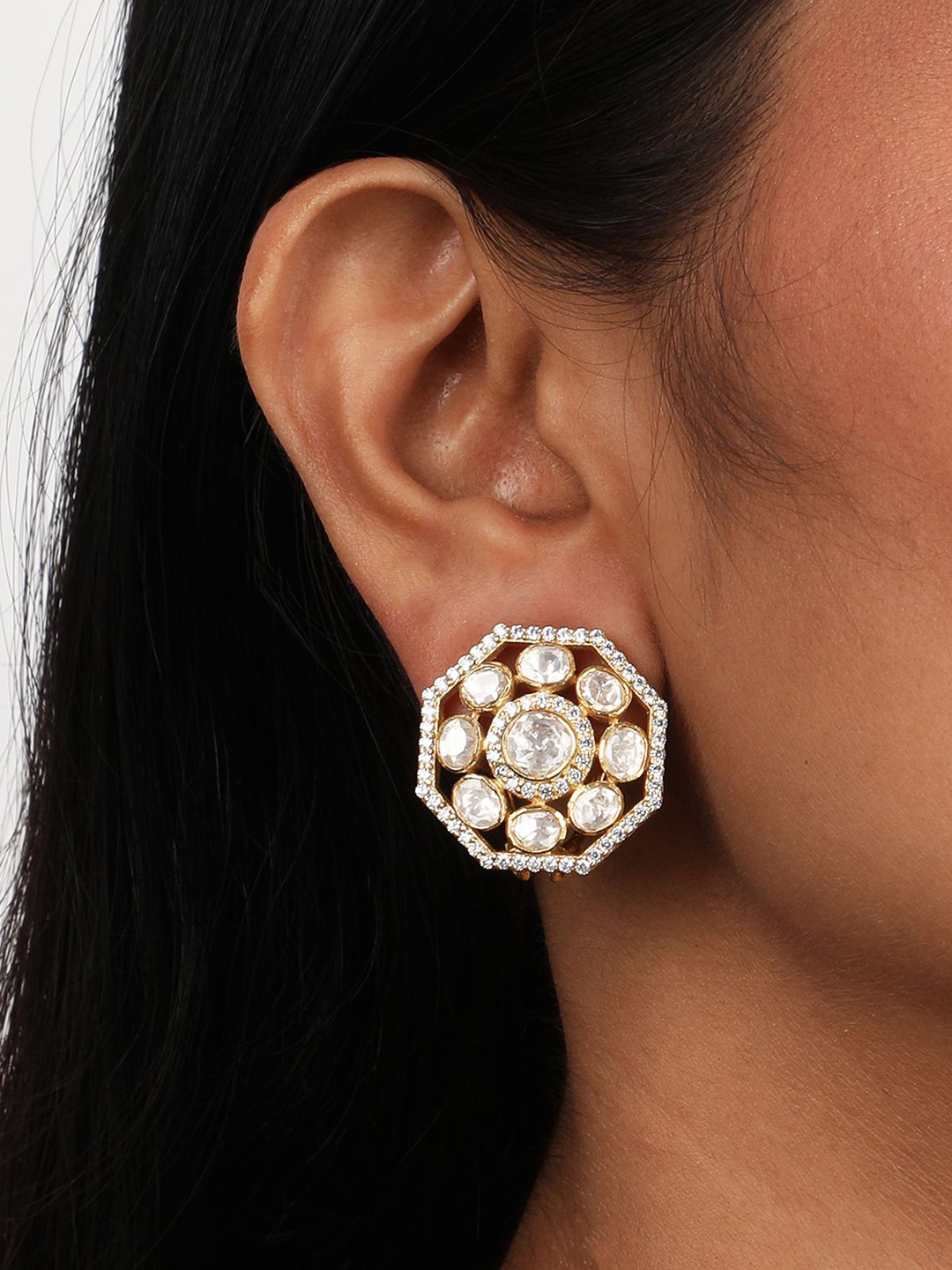 

Sica Jewellery Sterling Silver Rhodium-Plated Moissanite Polki Octagon Studs, White